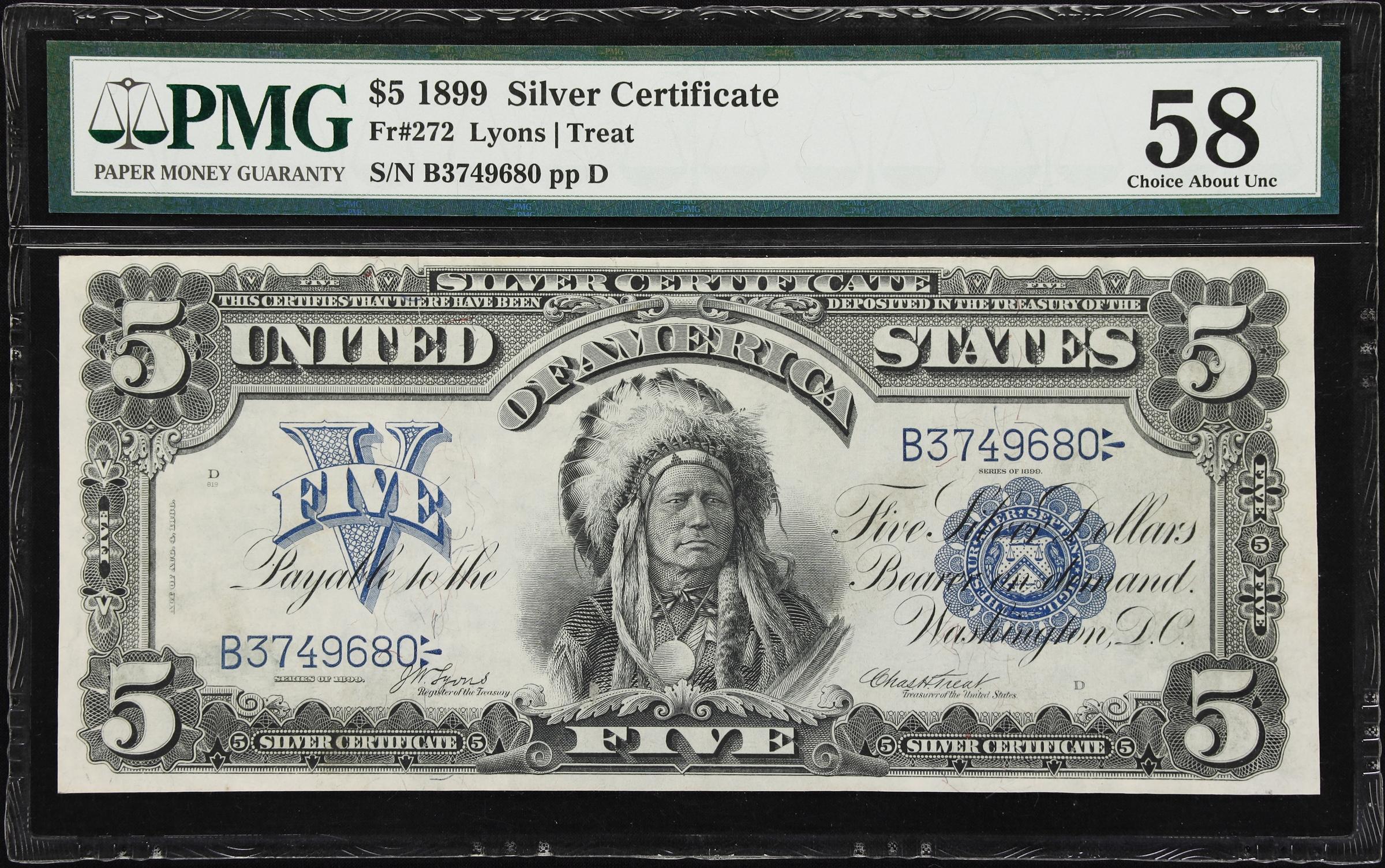 image for: Fr. 272. 1899 $5 Silver Certificate. PMG Choice About Uncirculated 58.