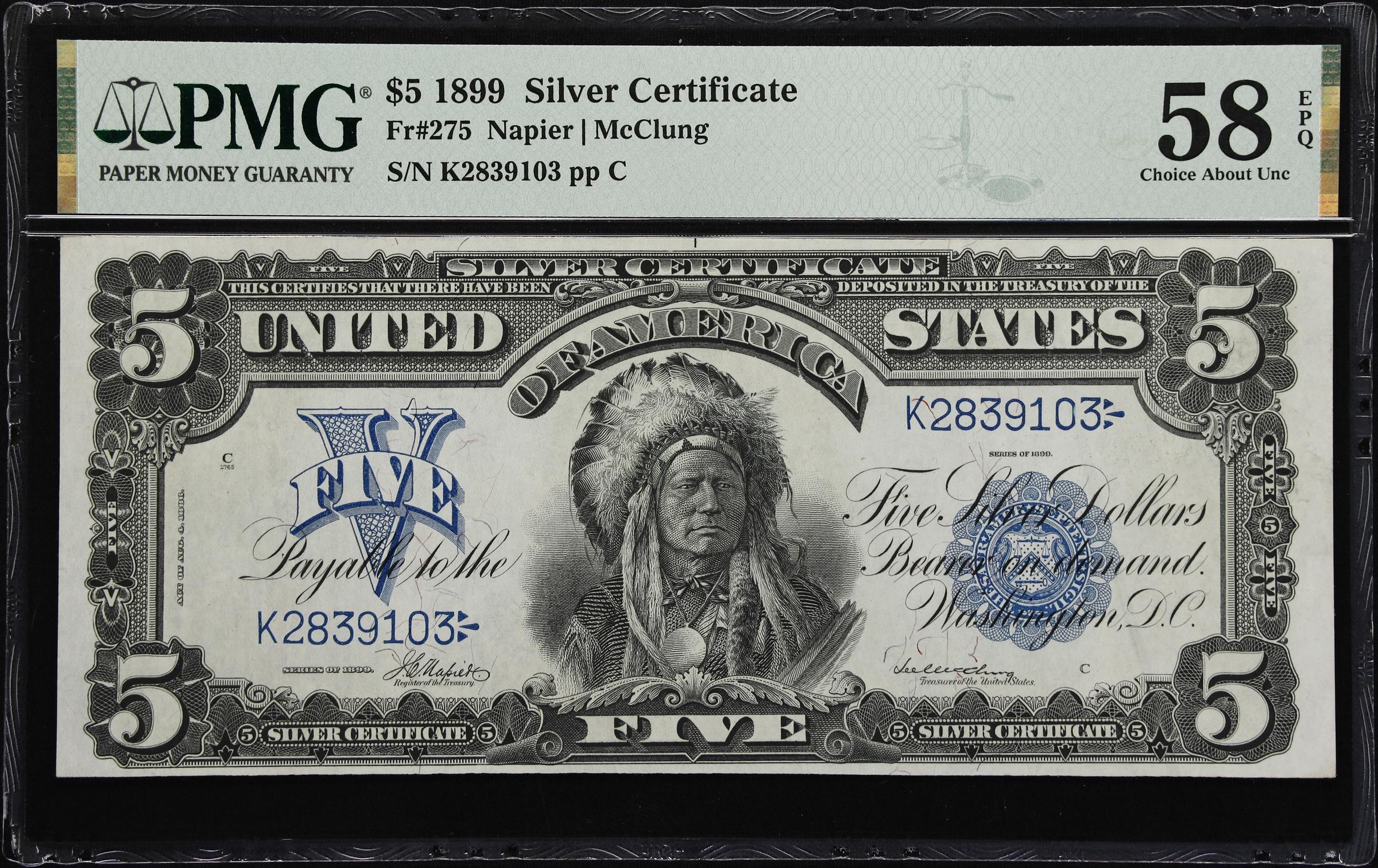 image for: Fr. 275. 1899 $5 Silver Certificate. PMG Choice About Uncirculated 58 EPQ.