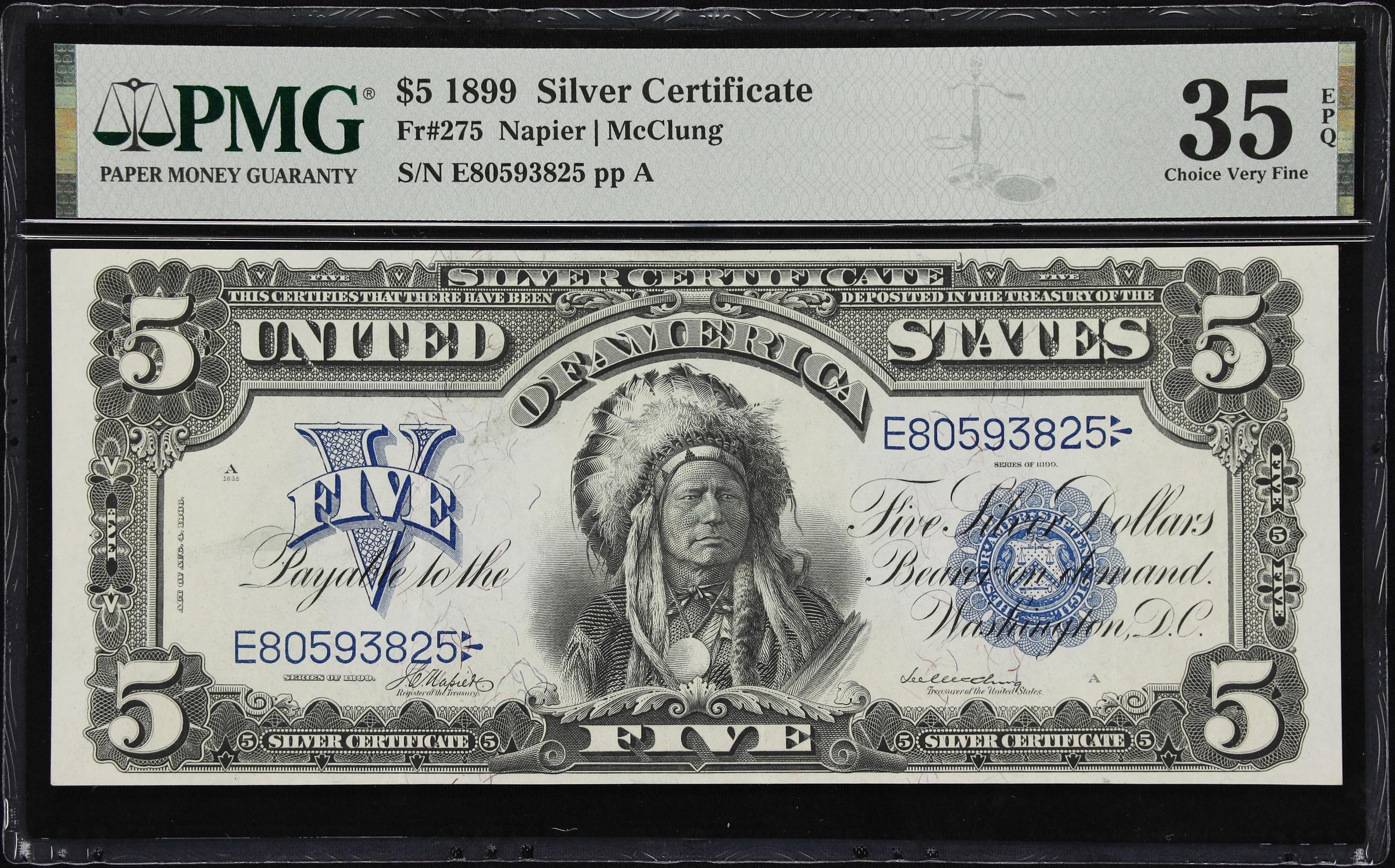 image for: Fr. 275. 1899 $5 Silver Certificate. PMG Choice Very Fine 35 EPQ.