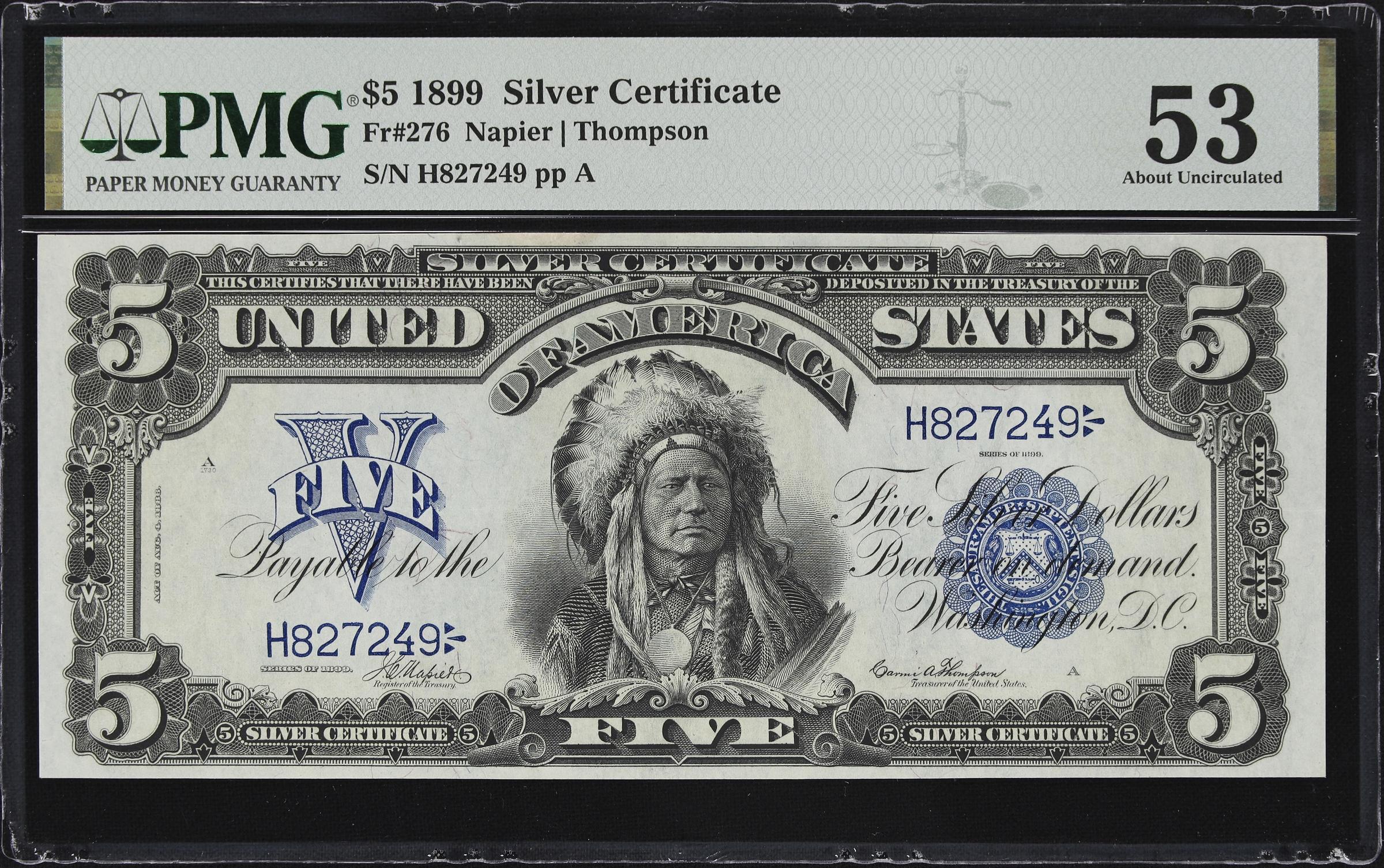 image for: Fr. 276. 1899 $5 Silver Certificate. PMG About Uncirculated 53.