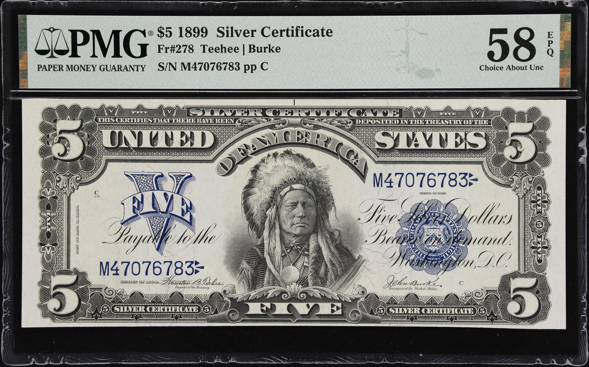 image for: Fr. 278. 1899 $5 Silver Certificate. PMG Choice About Uncirculated 58 EPQ.