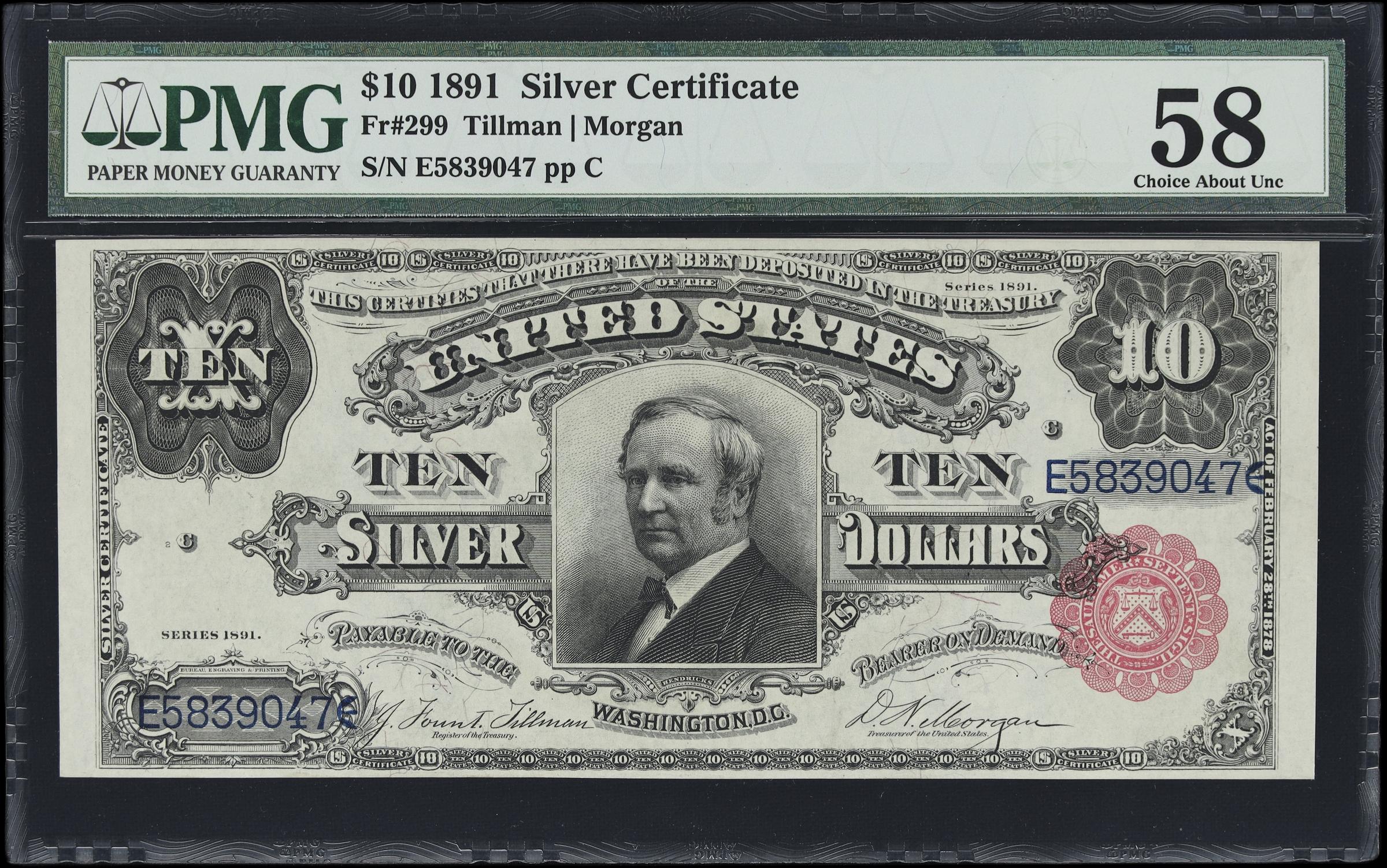 image for: Fr. 299. 1891 $10 Silver Certificate. PMG Choice About Uncirculated 58.