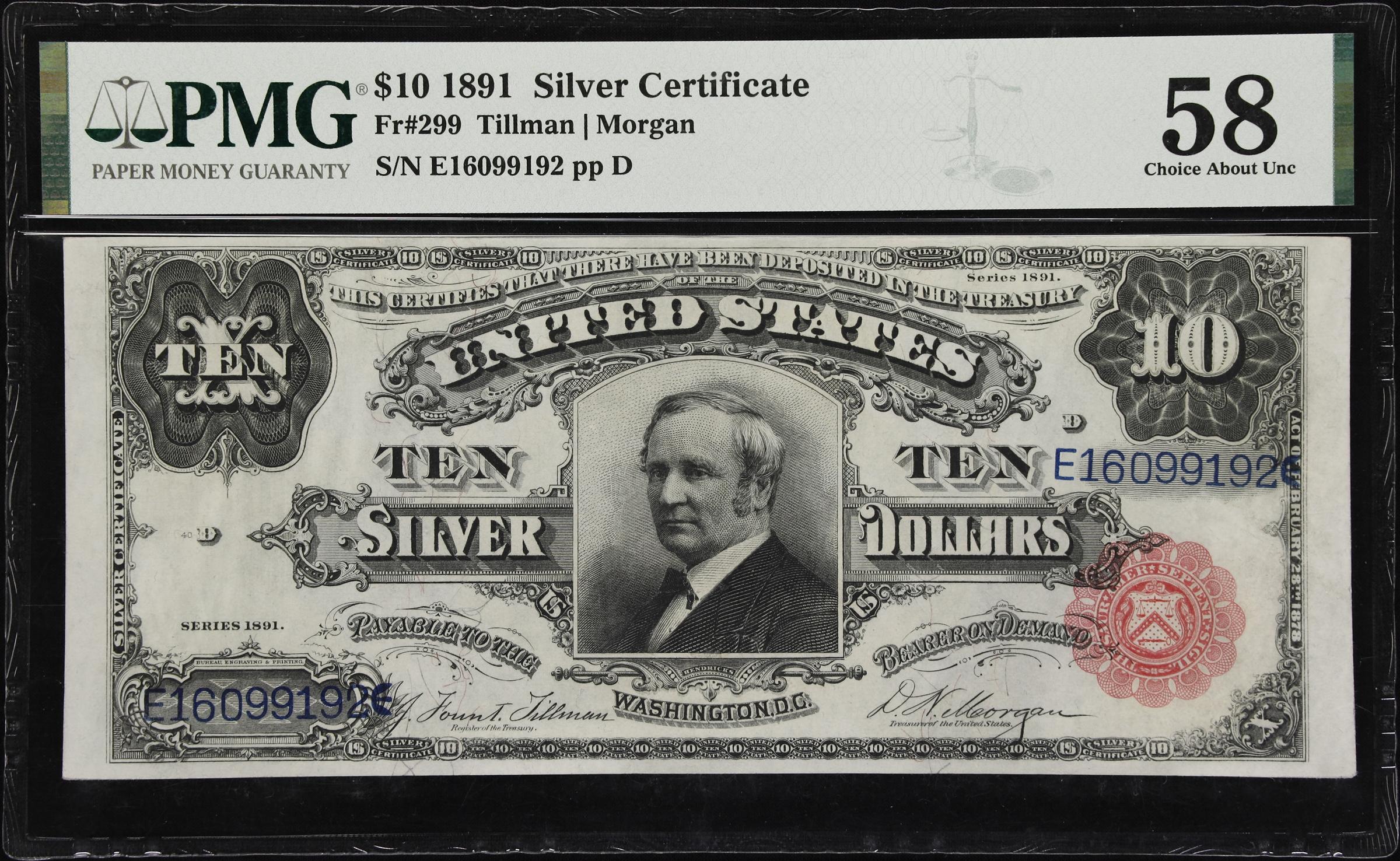 image for: Fr. 299. 1891 $10 Silver Certificate. PMG Choice About Uncirculated 58.