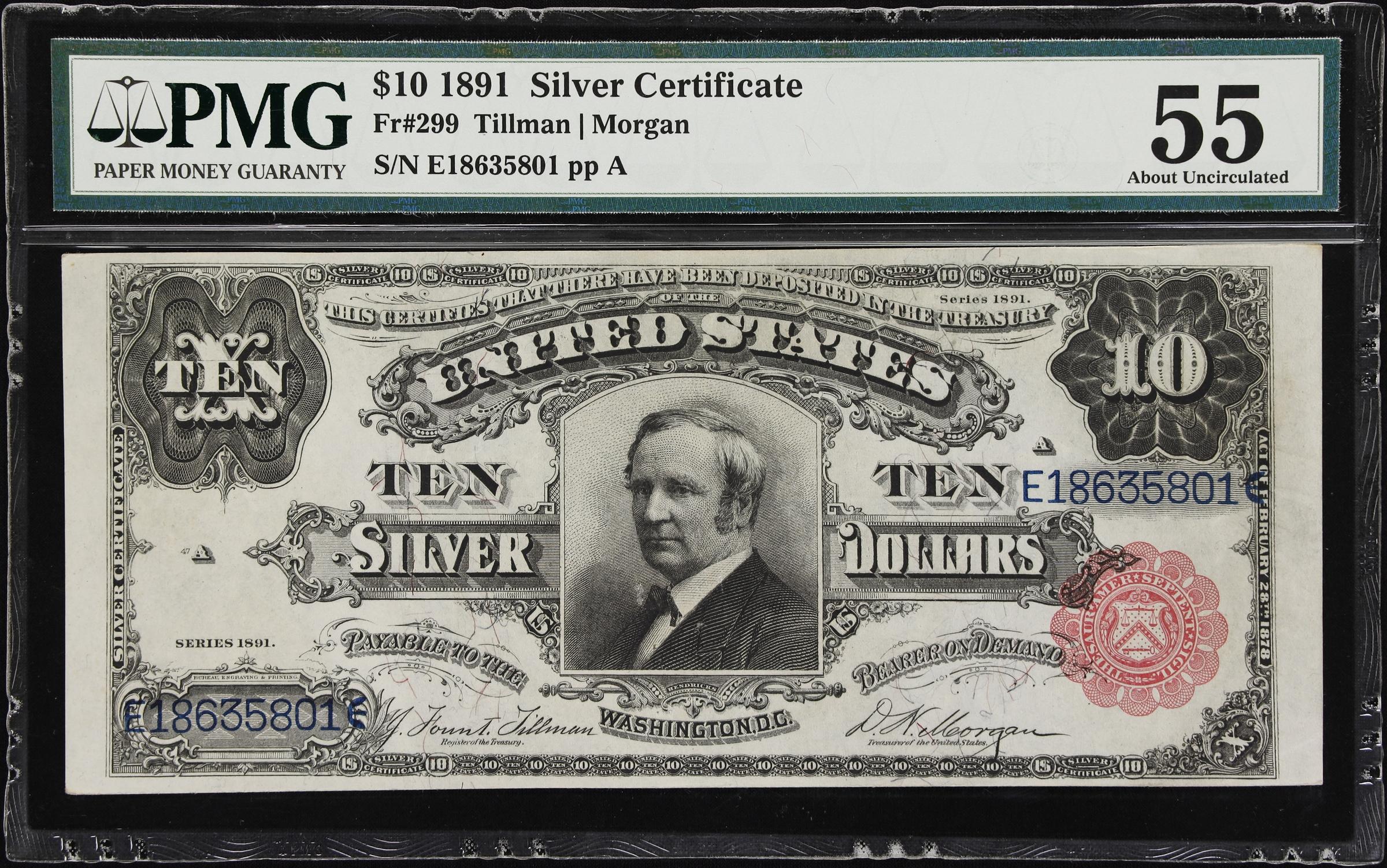 image for: Fr. 299. 1891 $10 Silver Certificate. PMG About Uncirculated 55.