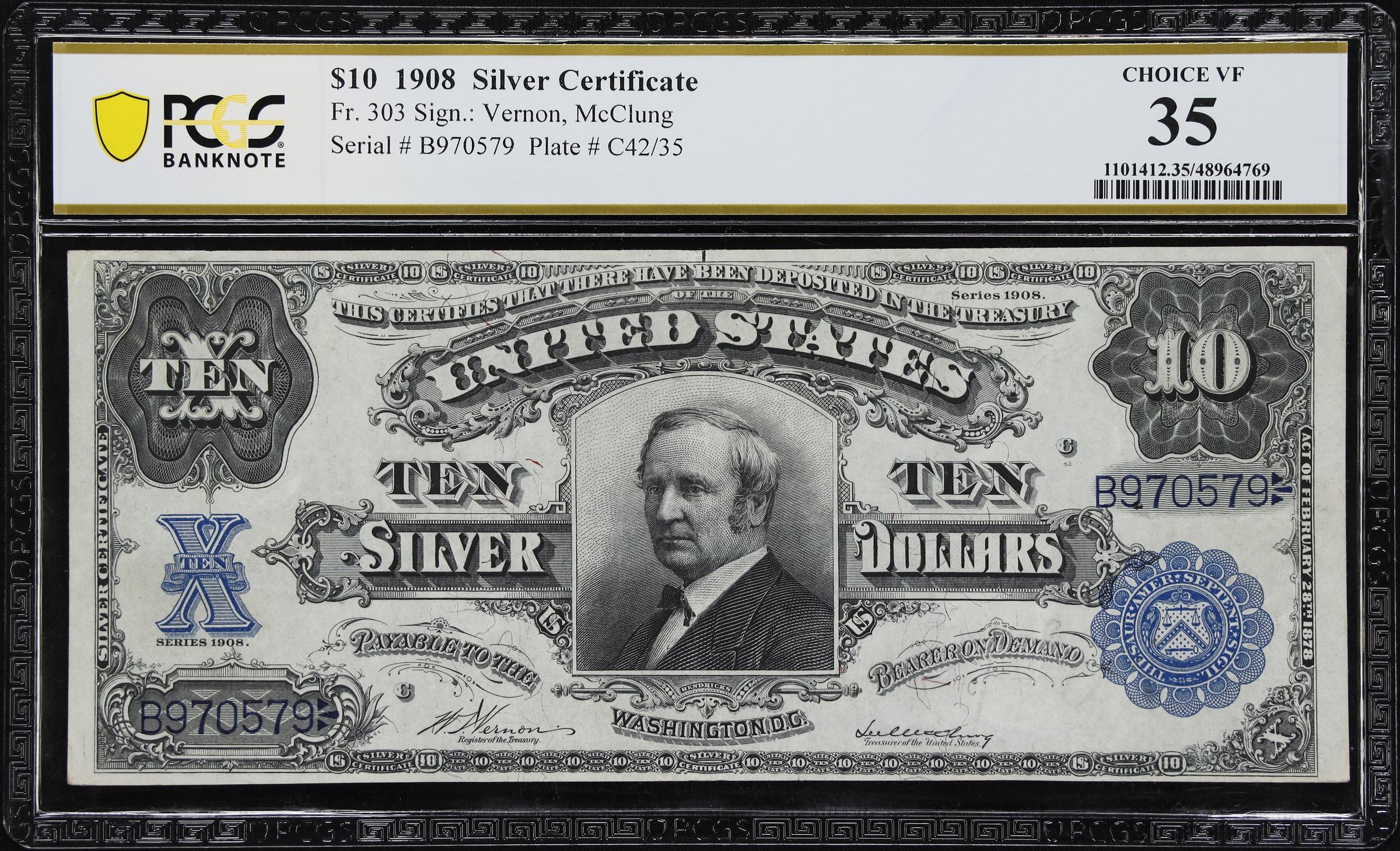 image for: Fr. 303. 1908 $10 Silver Certificate. PCGS Banknote Choice Very Fine 35.