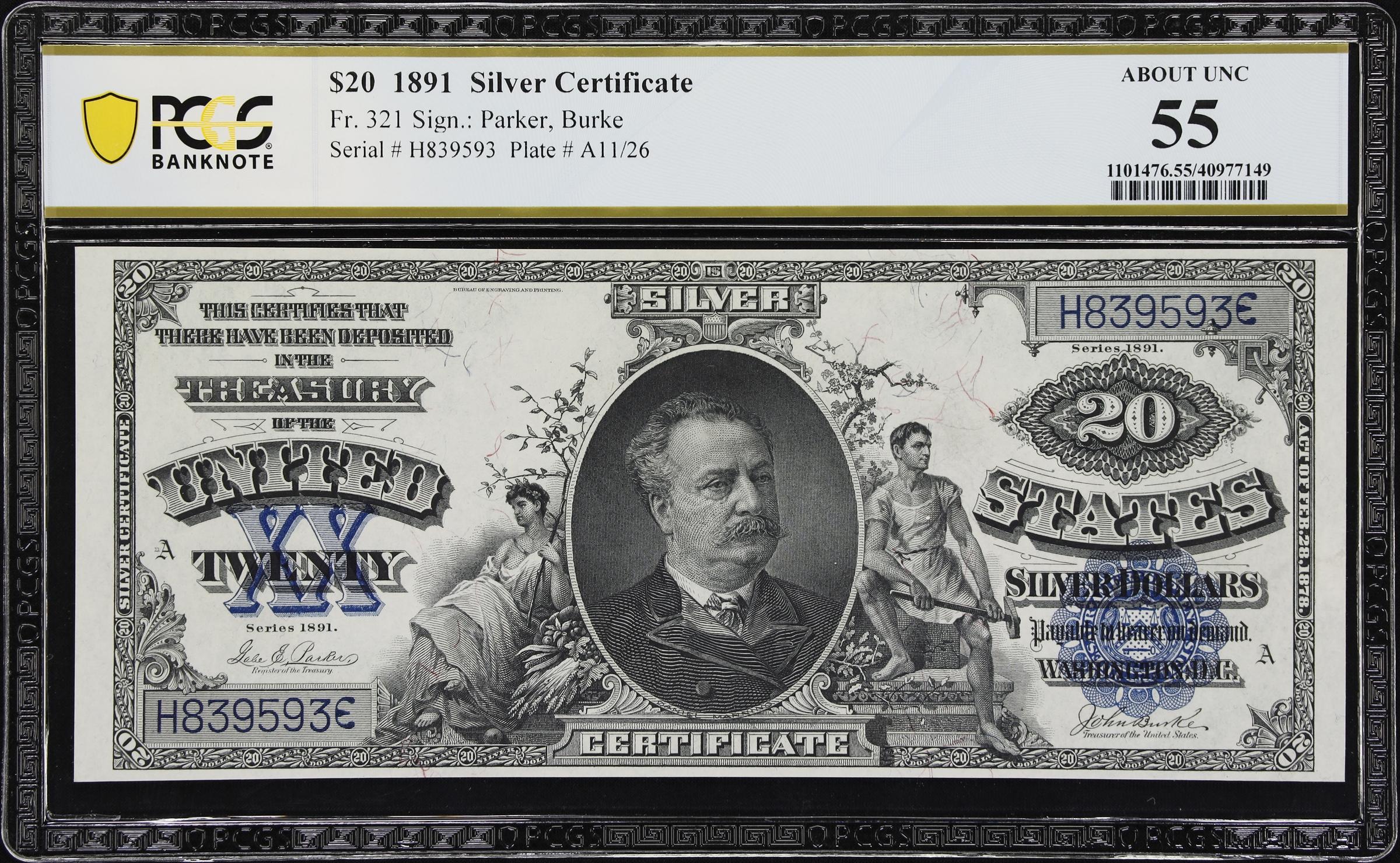 image for: Fr. 321. 1891 $20 Silver Certificate. PCGS Banknote About Uncirculated 55.