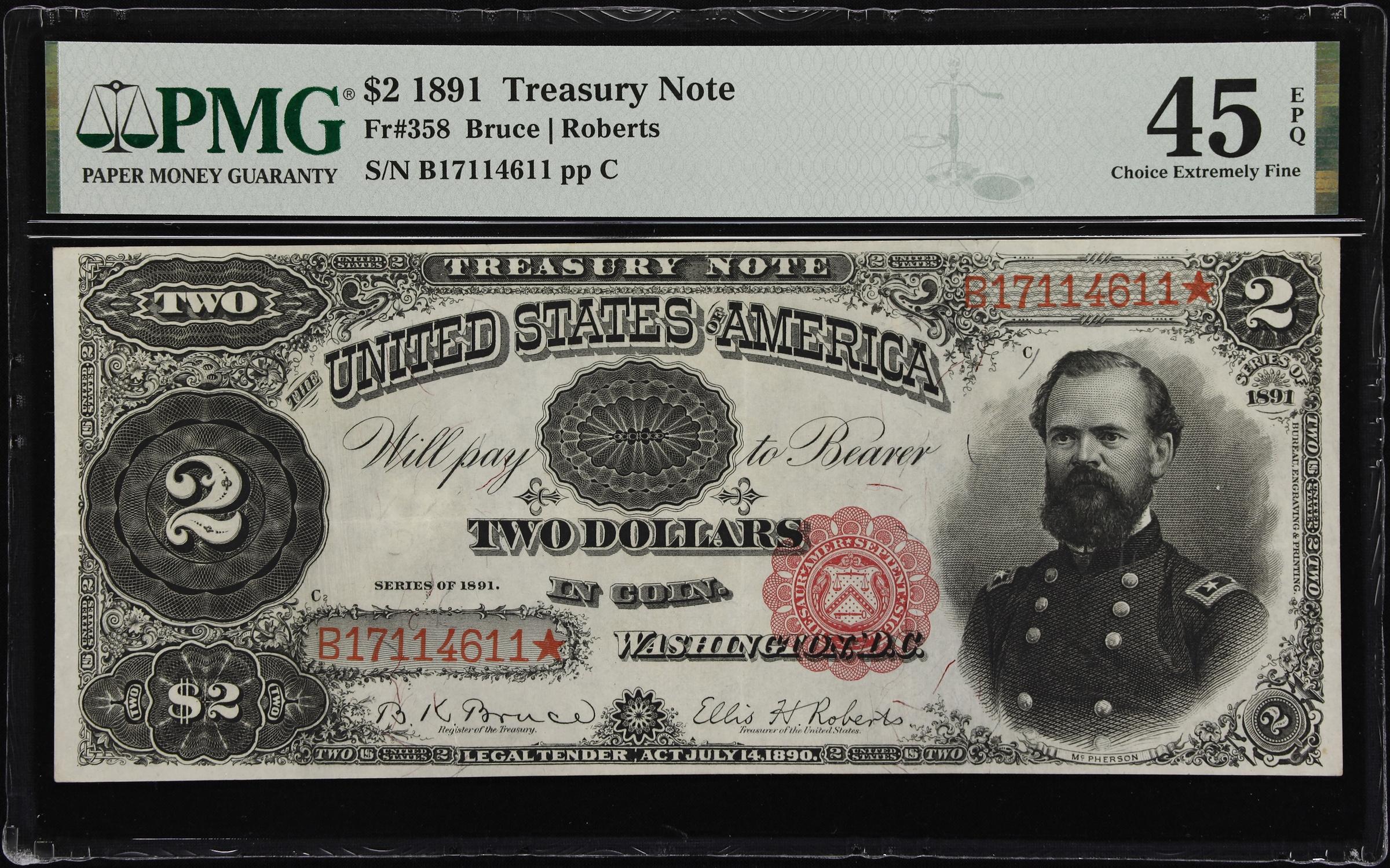 image for: Fr. 358. 1891 $2 Treasury Note. PMG Choice Extremely Fine 45 EPQ.