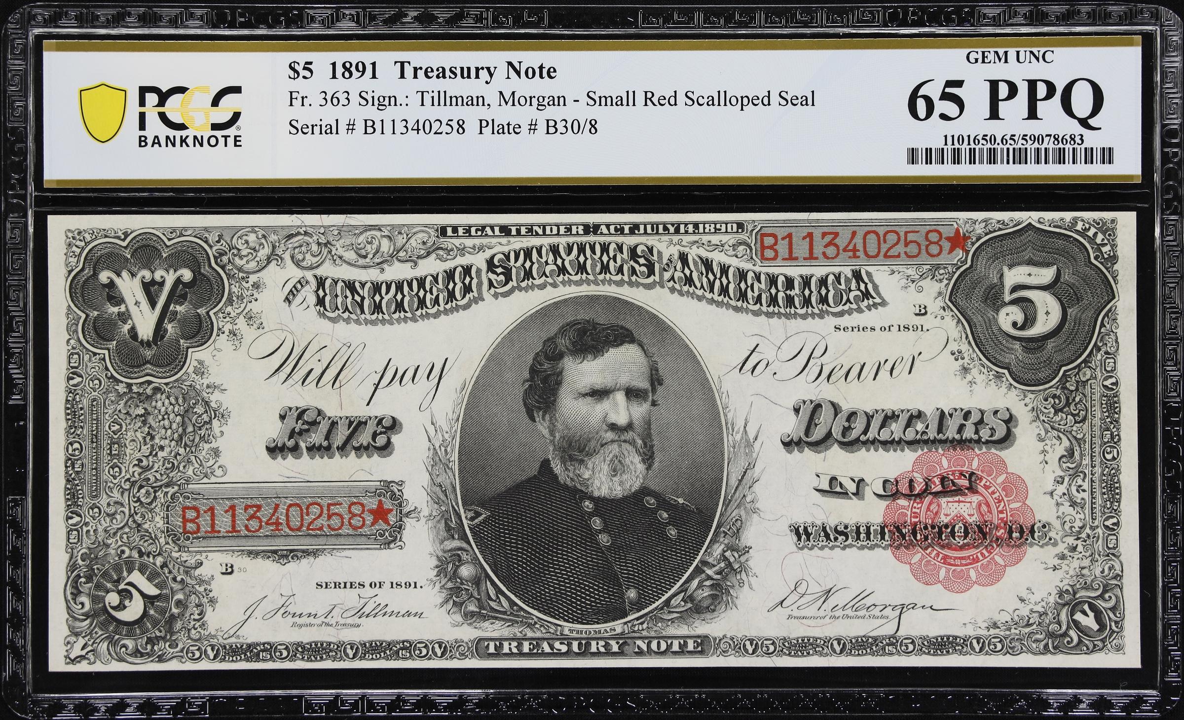 image for: Fr. 363. 1891 $5 Treasury Note. PCGS Banknote Gem Uncirculated 65 PPQ.