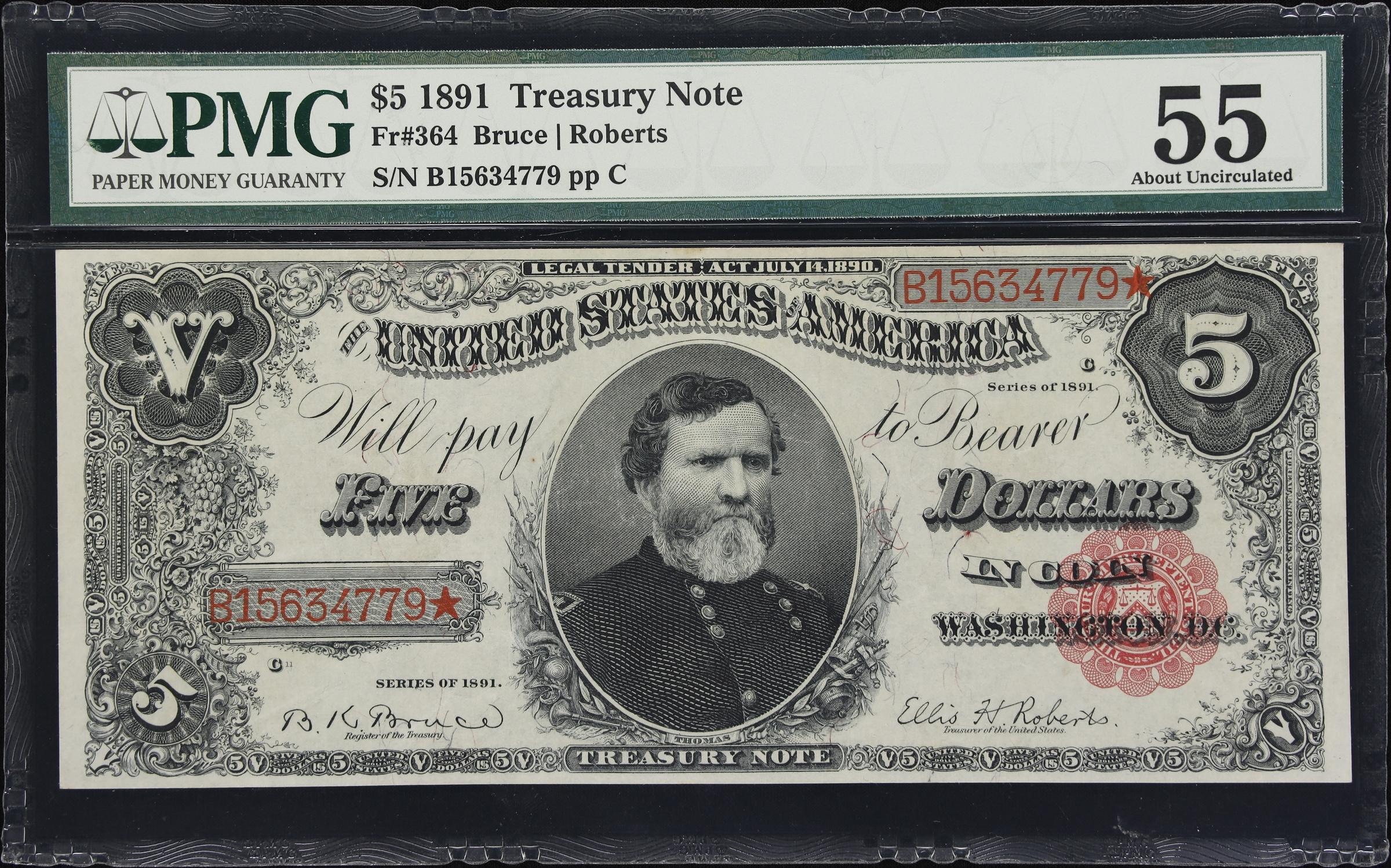 image for: Fr. 364. 1891 $5 Treasury Note. PMG About Uncirculated 55.