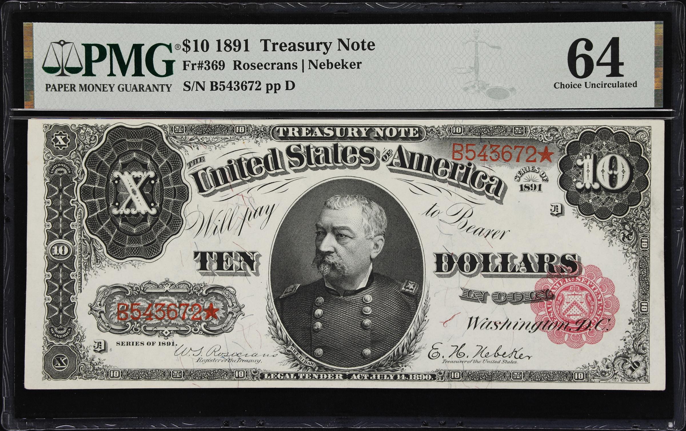 image for: Fr. 369. 1891 $10 Treasury Note. PMG Choice Uncirculated 64.