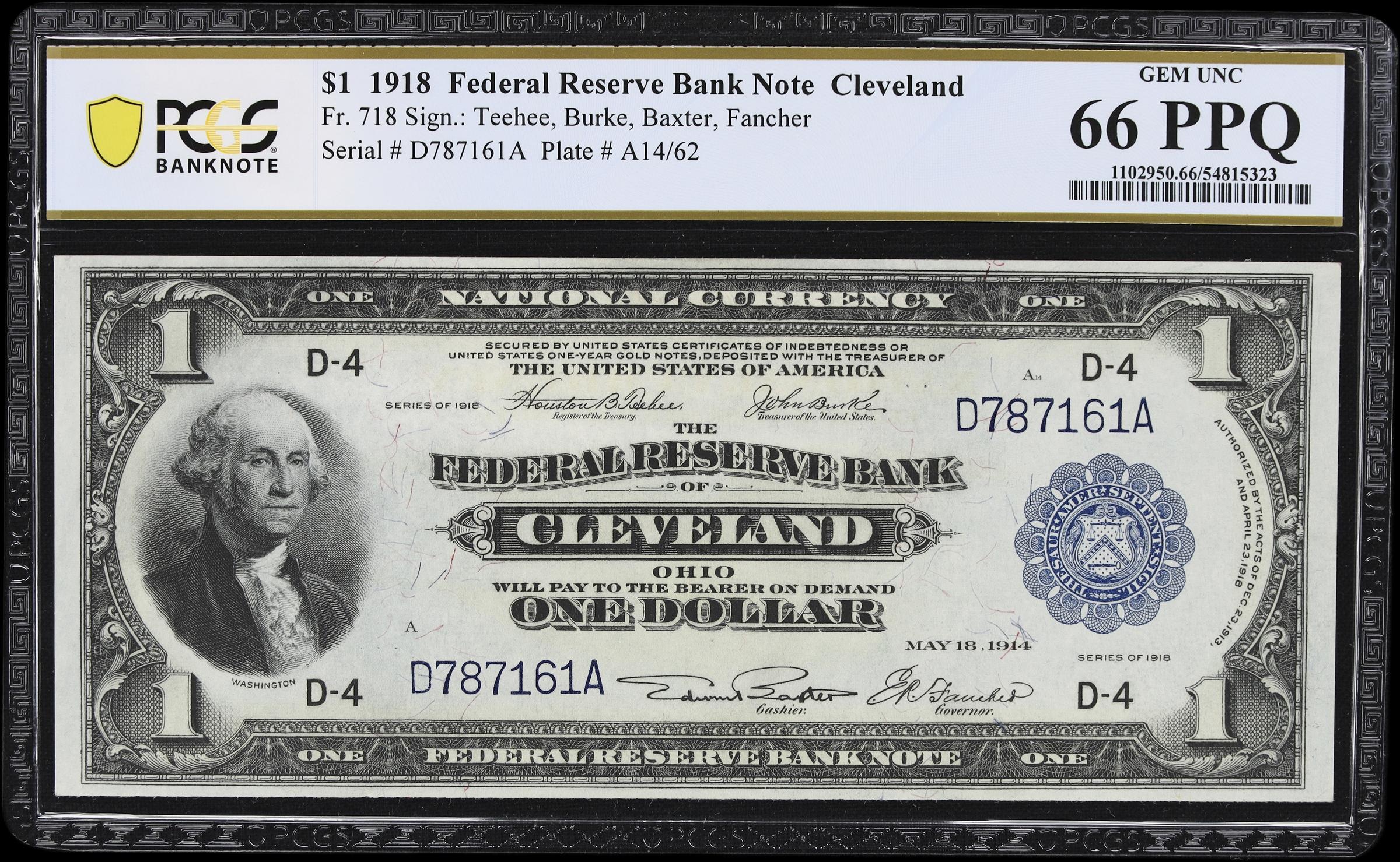 image for: Fr. 718. 1918 $1 Federal Reserve Bank Note. Cleveland. PCGS Banknote Gem Uncirculated 66 PPQ.