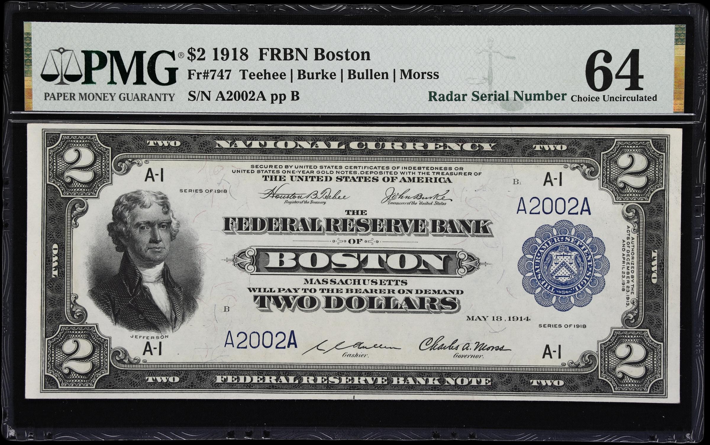 image for: Fr. 747. 1918 $2 Federal Reserve Bank Note. Boston. PMG Choice Uncirculated 64. Radar Serial Number.