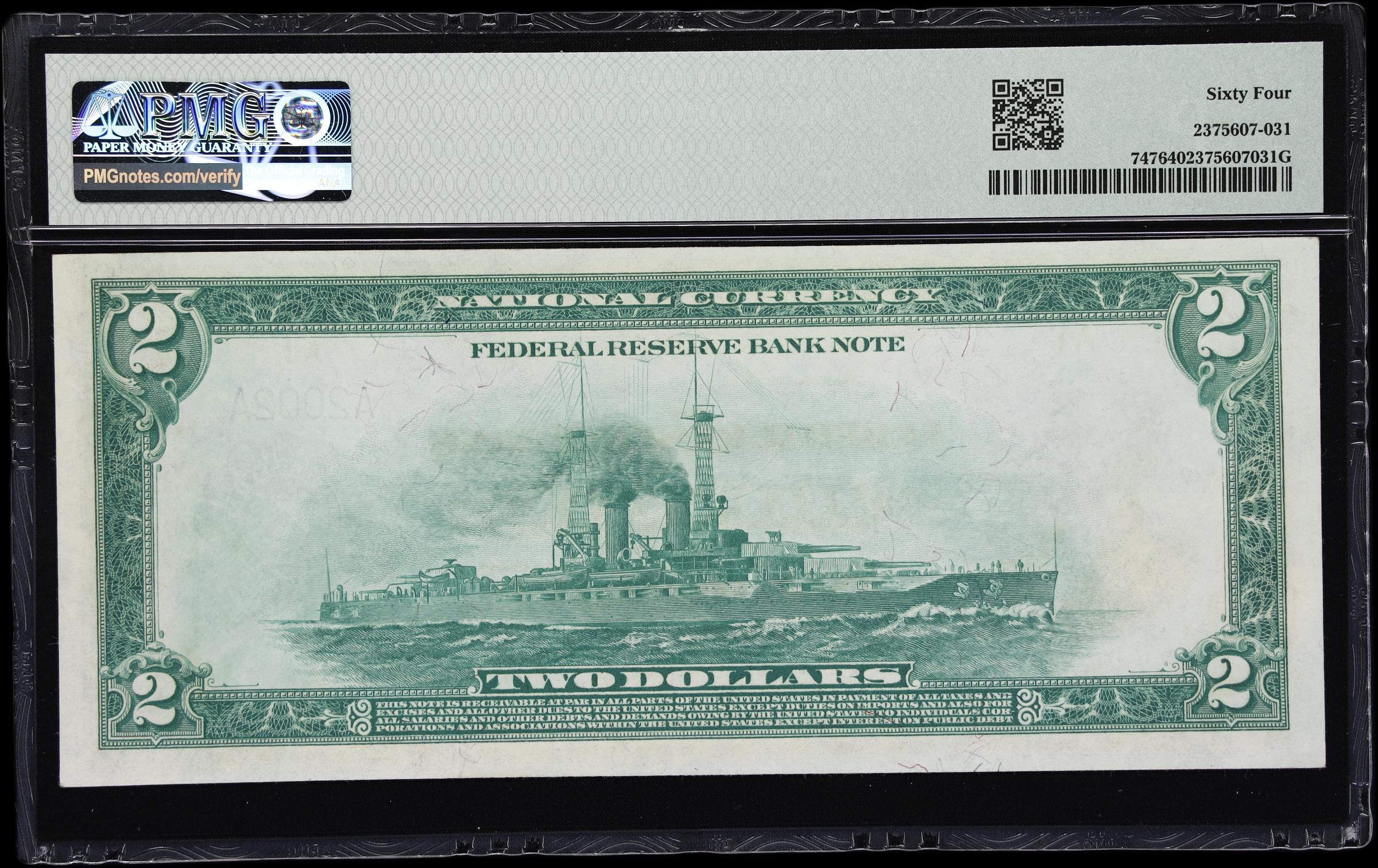 image for: Fr. 747. 1918 $2 Federal Reserve Bank Note. Boston. PMG Choice Uncirculated 64. Radar Serial Number.