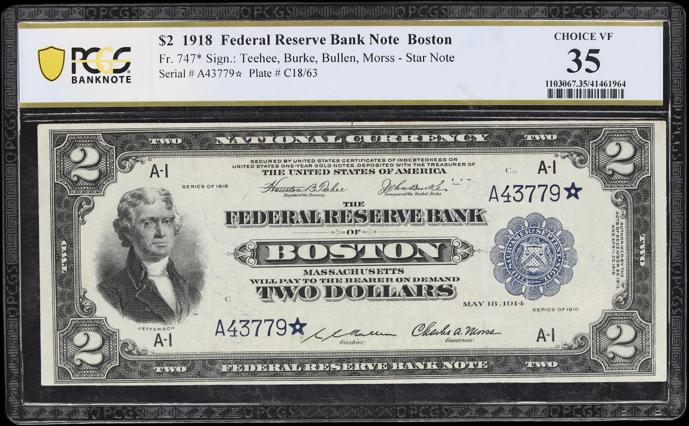image for: Fr. 747*. 1918 $2 Federal Reserve Bank Star Note. Boston. PCGS Banknote Choice Very Fine 35.