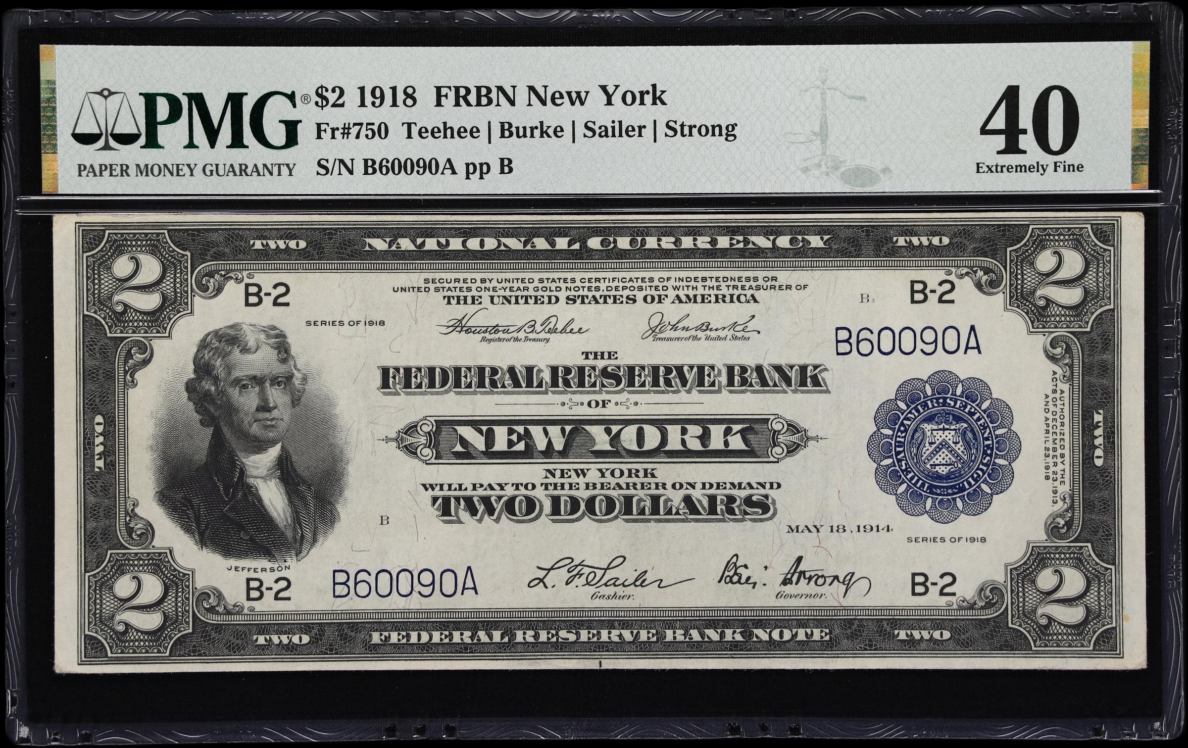 image for: Fr. 750. 1918 $2 Federal Reserve Bank Note. New York. PMG Extremely Fine 40.