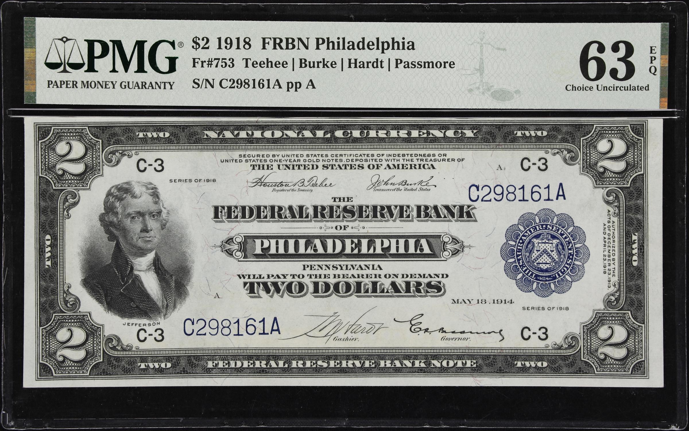 image for: Fr. 753. 1918 $2 Federal Reserve Bank Note. Philadelphia. PMG Choice Uncirculated 63 EPQ.