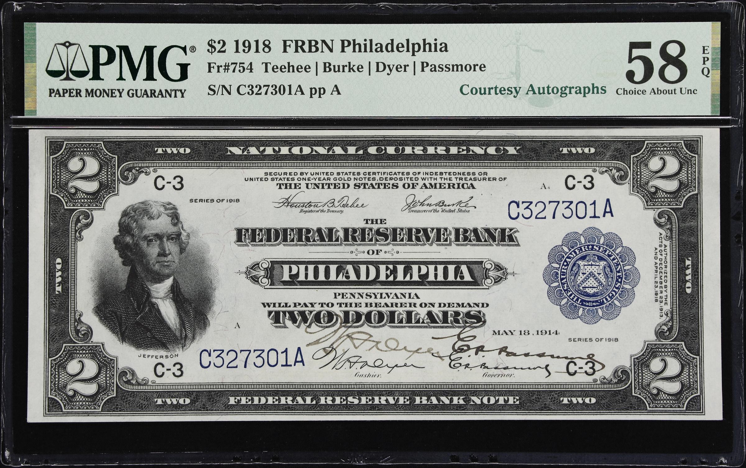 image for: Fr. 754. 1918 $2 Federal Reserve Bank Note. Philadelphia. PMG Choice About Uncirculated 58 EPQ. Dual Courtesy Autographs.