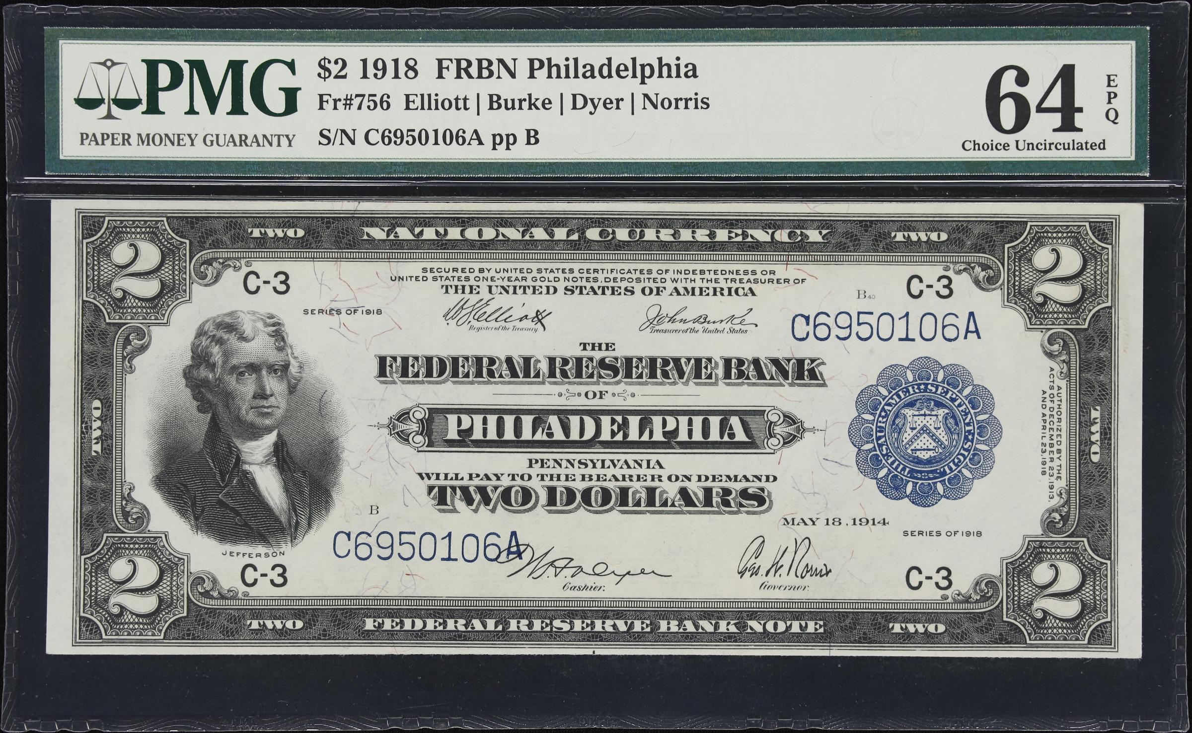 image for: Fr. 756. 1918 $2 Federal Reserve Bank Note. Philadelphia. PMG Choice Uncirculated 64 EPQ.