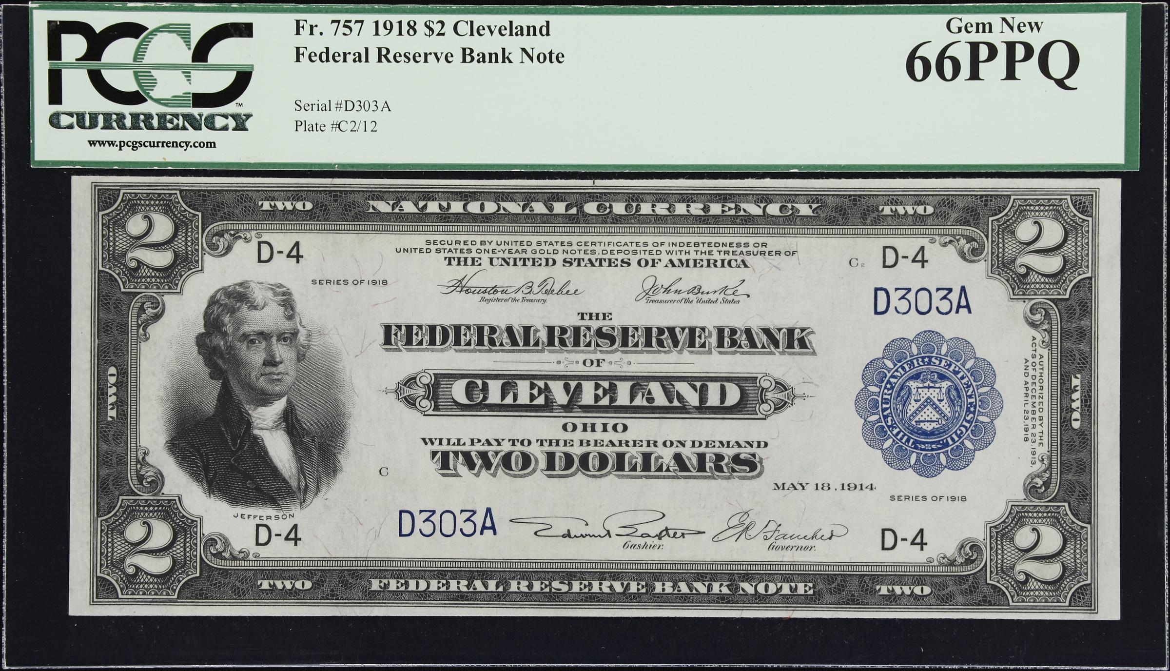 image for: Fr. 757. 1918 $2 Federal Reserve Bank Note. Cleveland. PCGS Currency Gem New 66 PPQ.