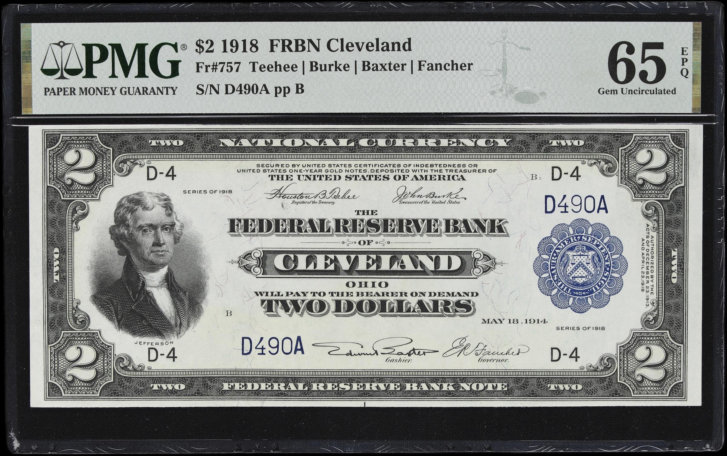 image for: Fr. 757. 1918 $2 Federal Reserve Bank Note. Cleveland. PMG Gem Uncirculated 65 EPQ.