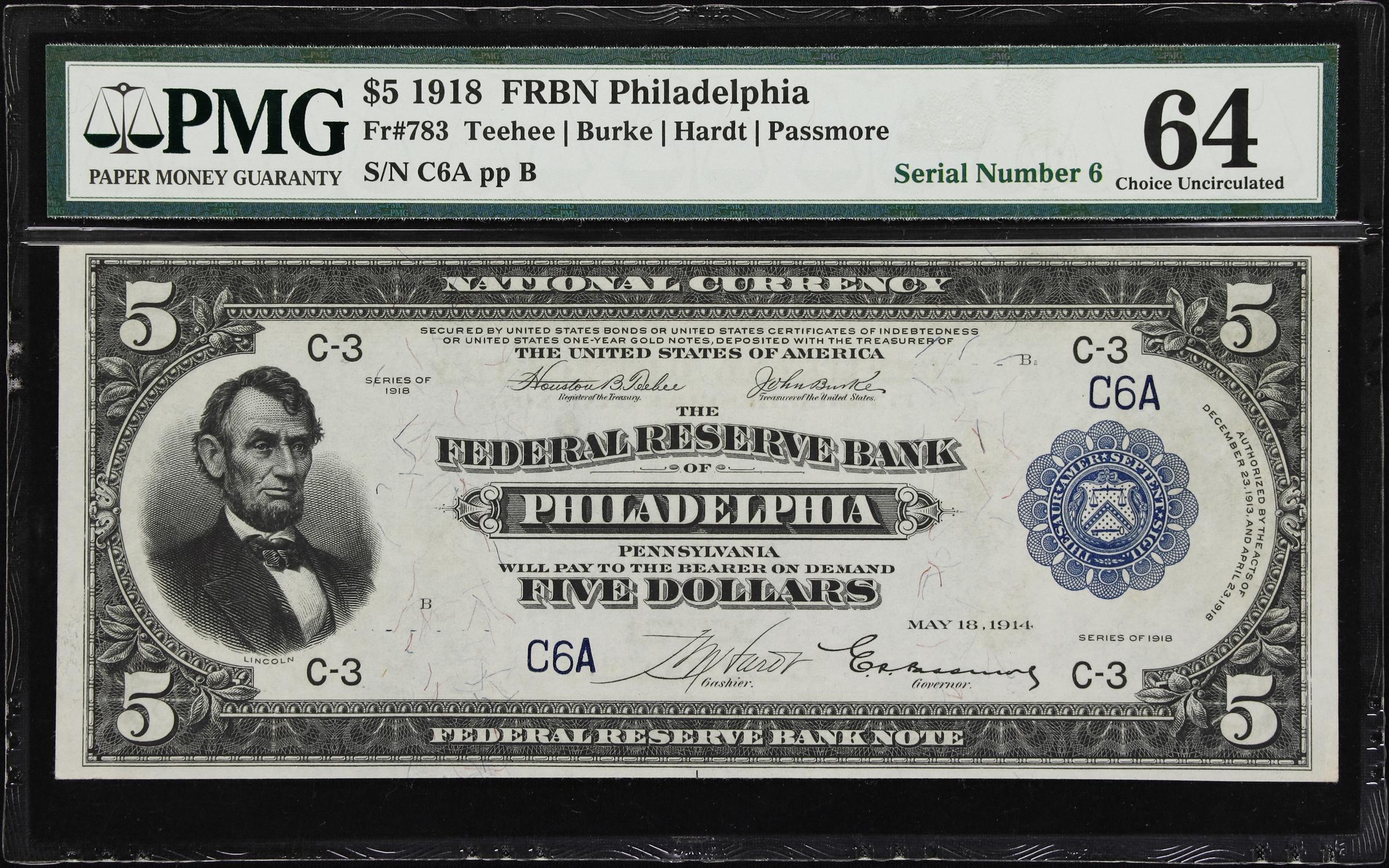 image for: Fr. 783. 1918 $5 Federal Reserve Bank Note. Philadelphia. PMG Choice Uncirculated 64. Serial Number 6.
