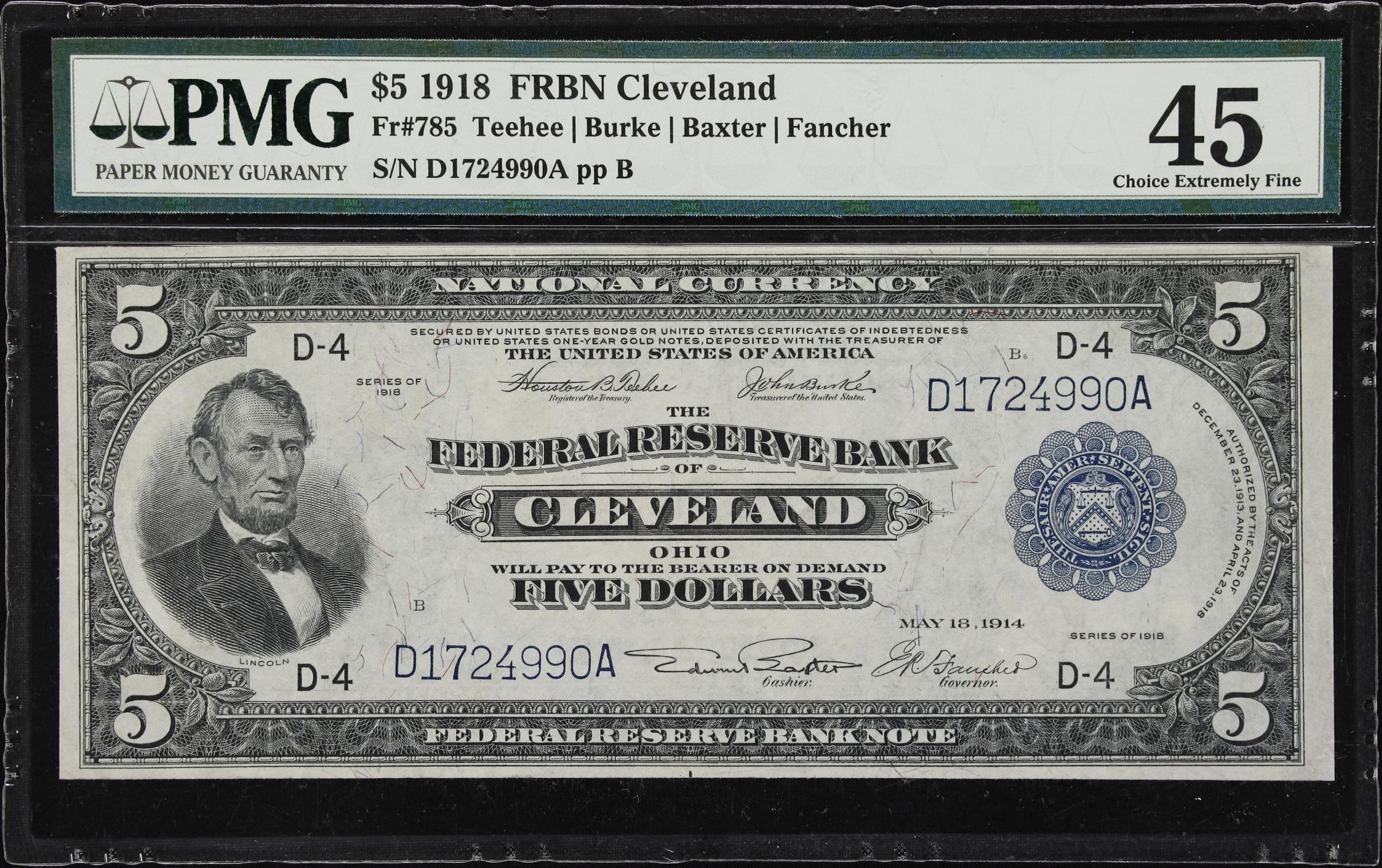 image for: Fr. 785. 1918 $5 Federal Reserve Bank Note. Cleveland. PMG Choice Extremely Fine 45.