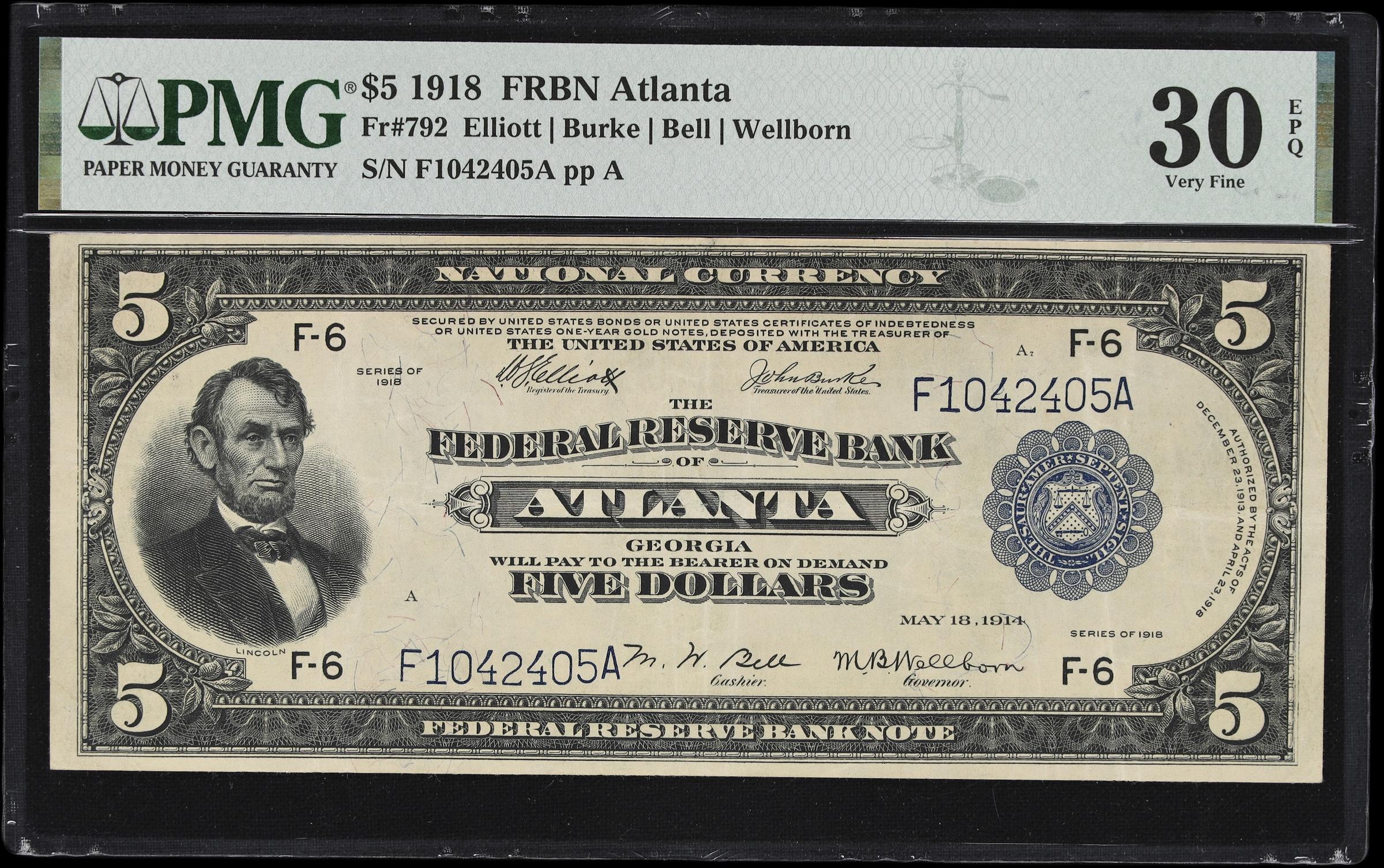 image for: Fr. 792. 1918 $5 Federal Reserve Bank Note. Atlanta. PMG Very Fine 30 EPQ.