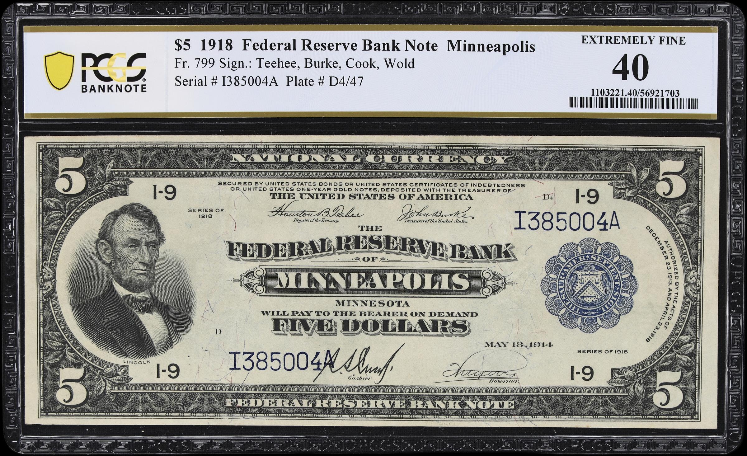 image for: Fr. 799. 1918 $5 Federal Reserve Bank Note. Minneapolis. PCGS Banknote Extremely Fine 40.