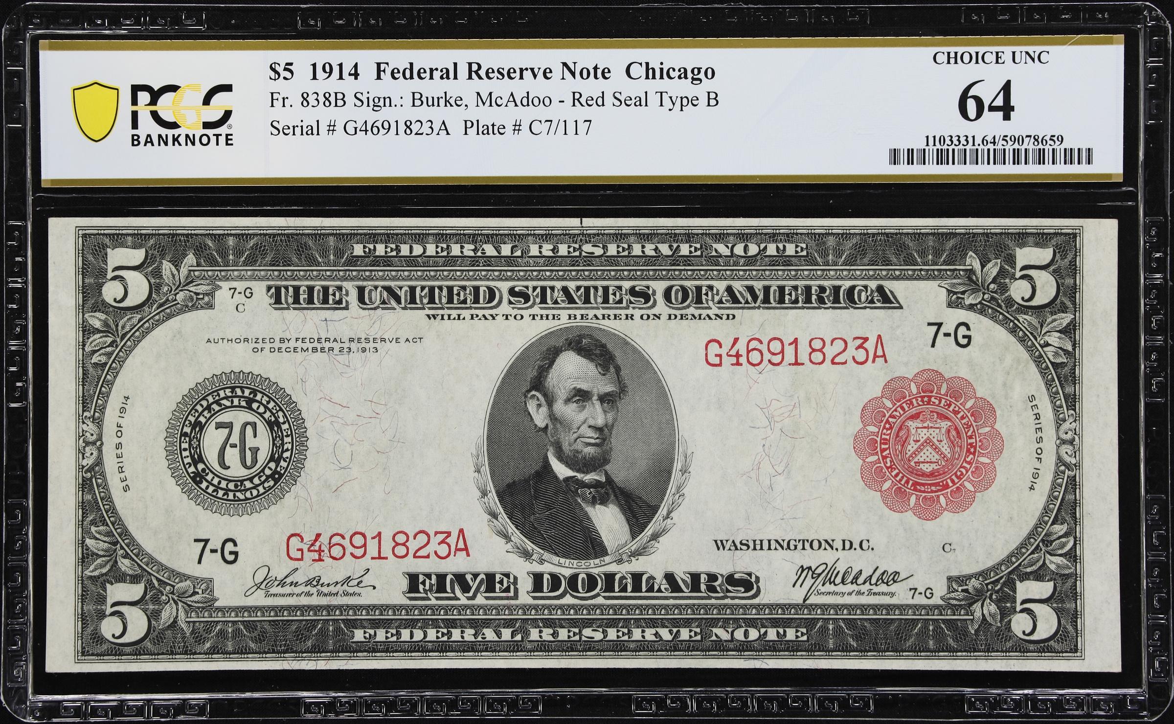 image for: Fr. 838b. 1914 Red Seal $5 Federal Reserve Note. Chicago. PCGS Banknote Choice Uncirculated 64.