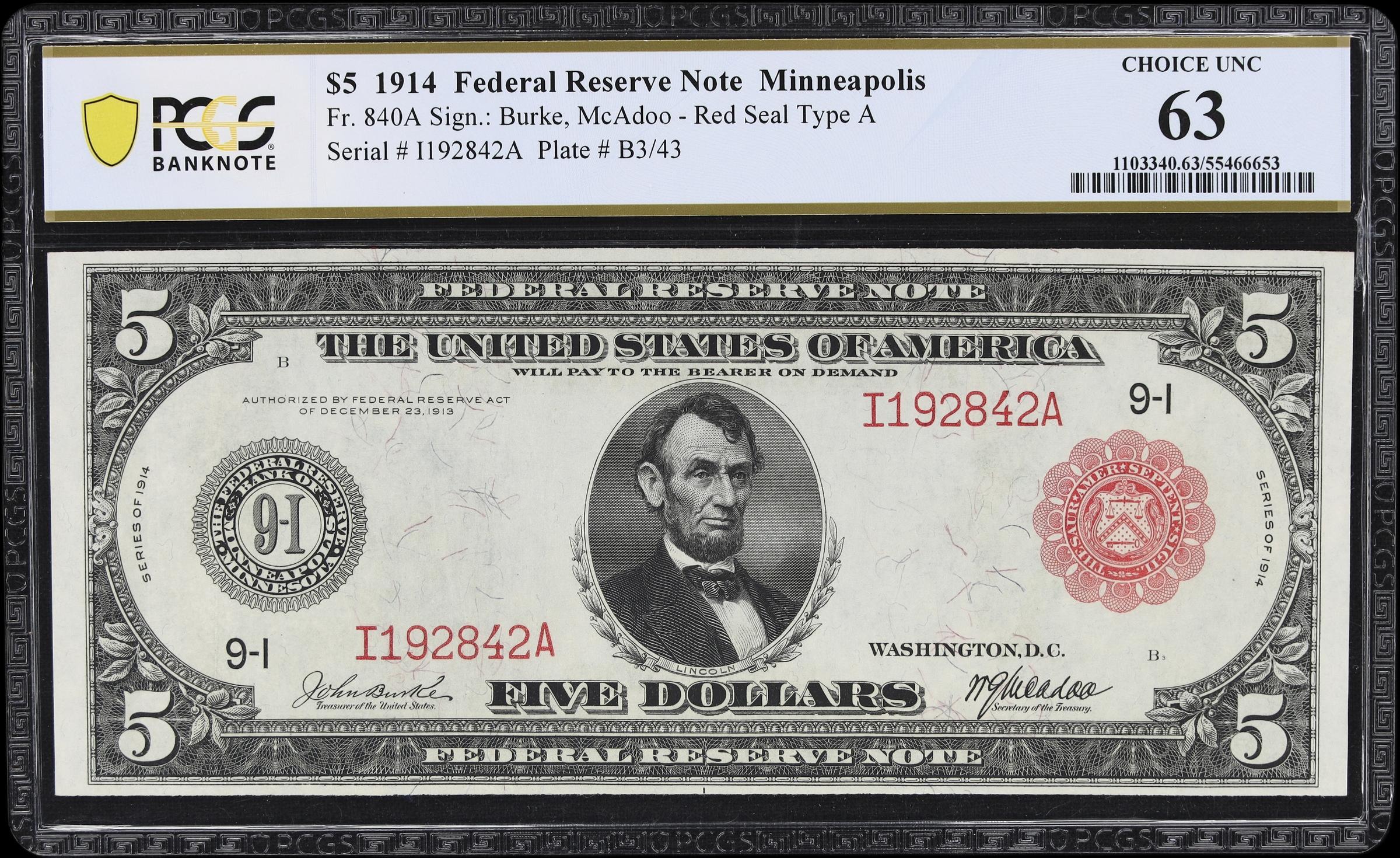 image for: Fr. 840a. 1914 Red Seal $5 Federal Reserve Note. Minneapolis. PCGS Banknote Choice Uncirculated 63.