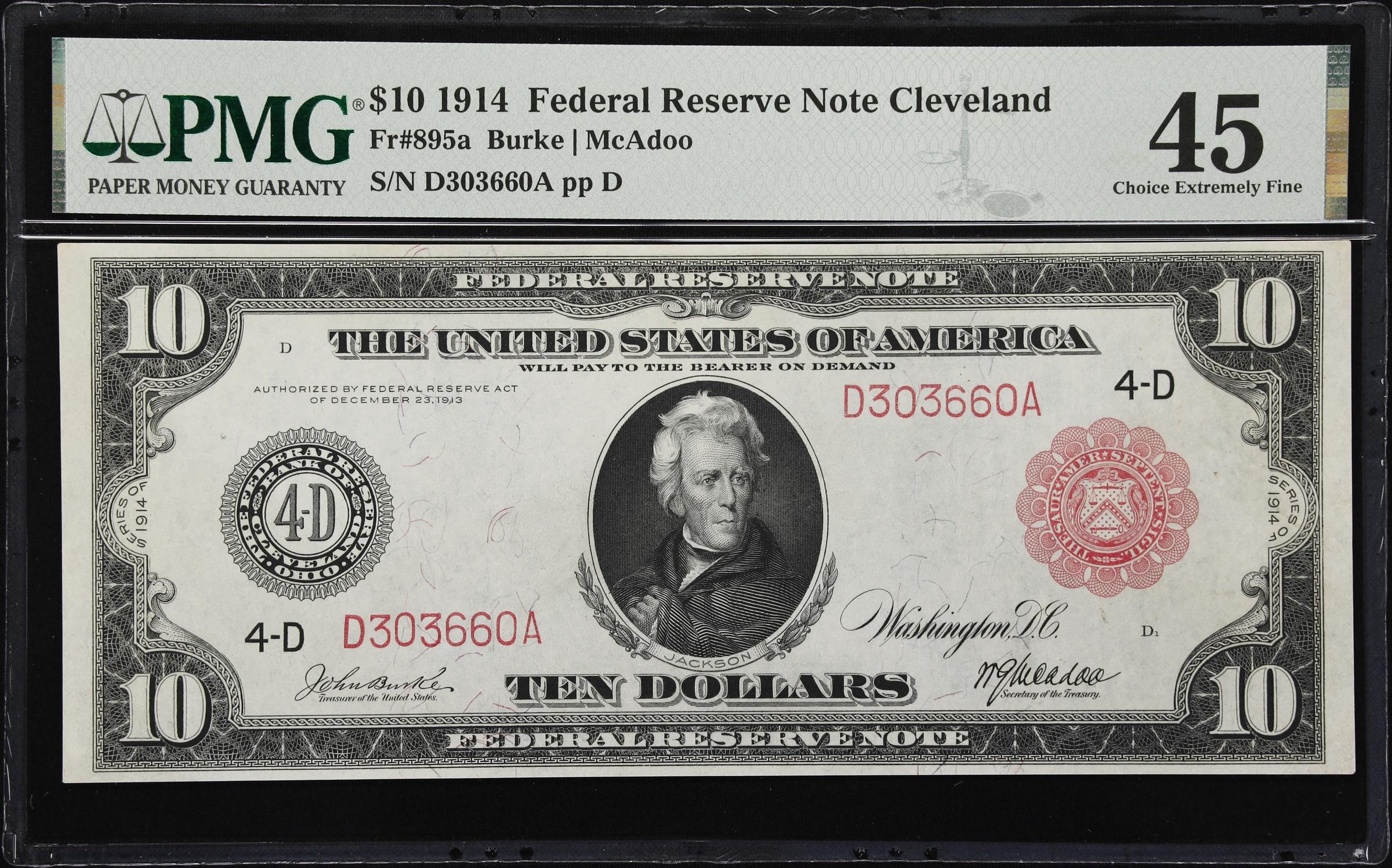 image for: Fr. 895a. 1914 Red Seal $10 Federal Reserve Note. Cleveland. PMG Choice Extremely Fine 45.