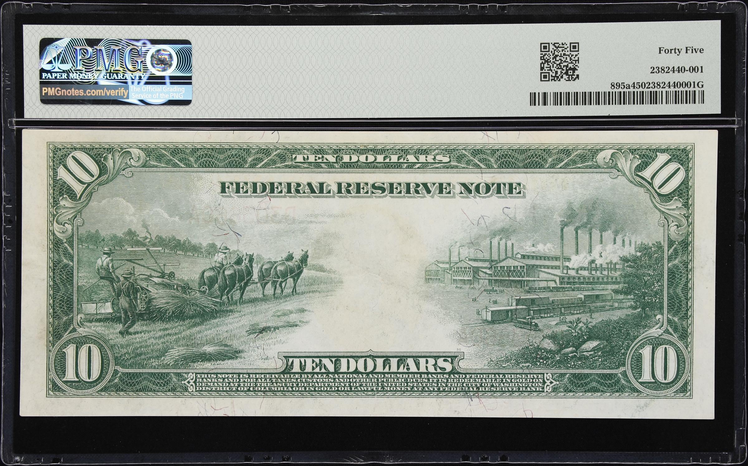 image for: Fr. 895a. 1914 Red Seal $10 Federal Reserve Note. Cleveland. PMG Choice Extremely Fine 45.