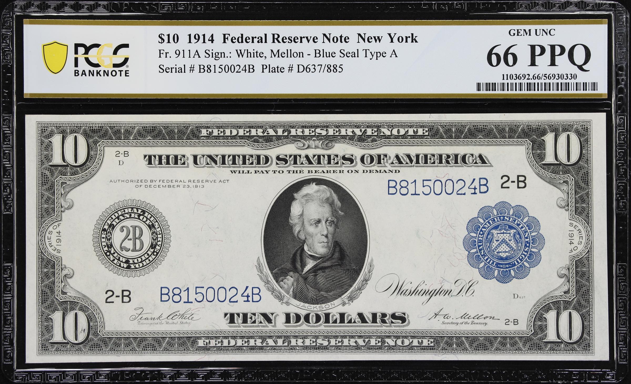 image for: Fr. 911a. 1914 $10 Federal Reserve Note. New York. PCGS Banknote Gem Uncirculated 66 PPQ.