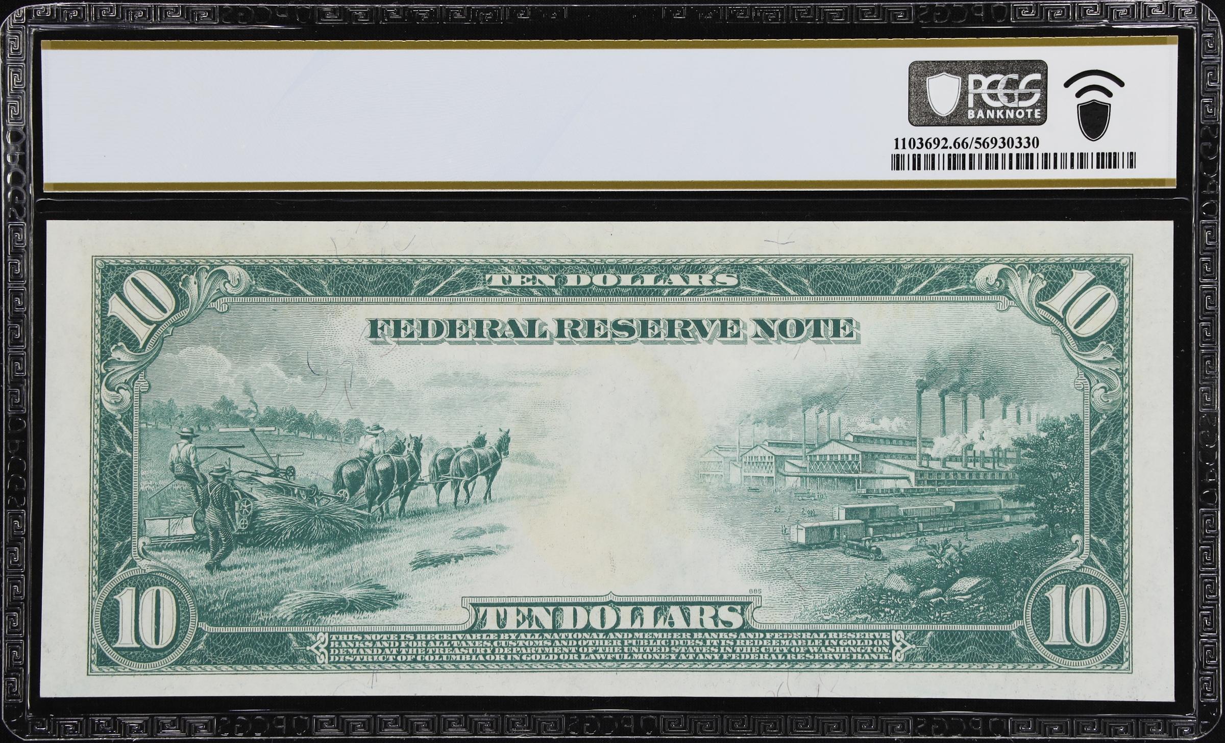 image for: Fr. 911a. 1914 $10 Federal Reserve Note. New York. PCGS Banknote Gem Uncirculated 66 PPQ.