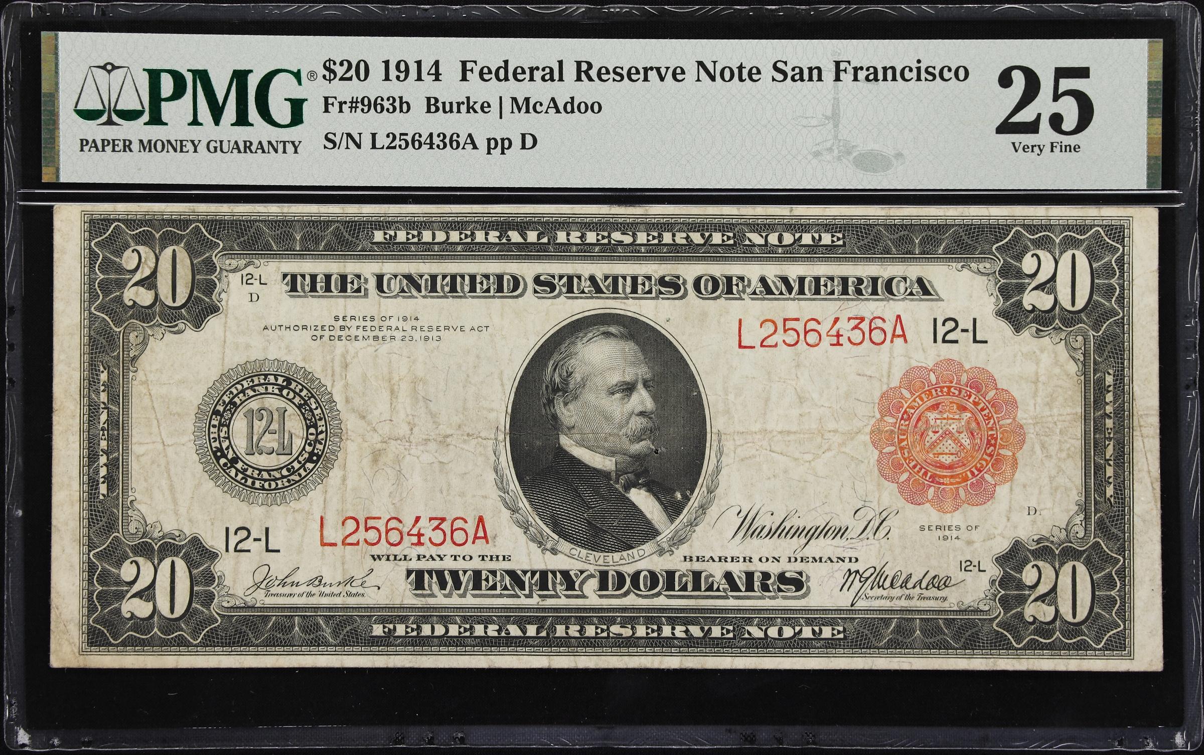 image for: Fr. 963b. 1914 $20 Federal Reserve Note. San Francisco. PMG Very Fine 25.