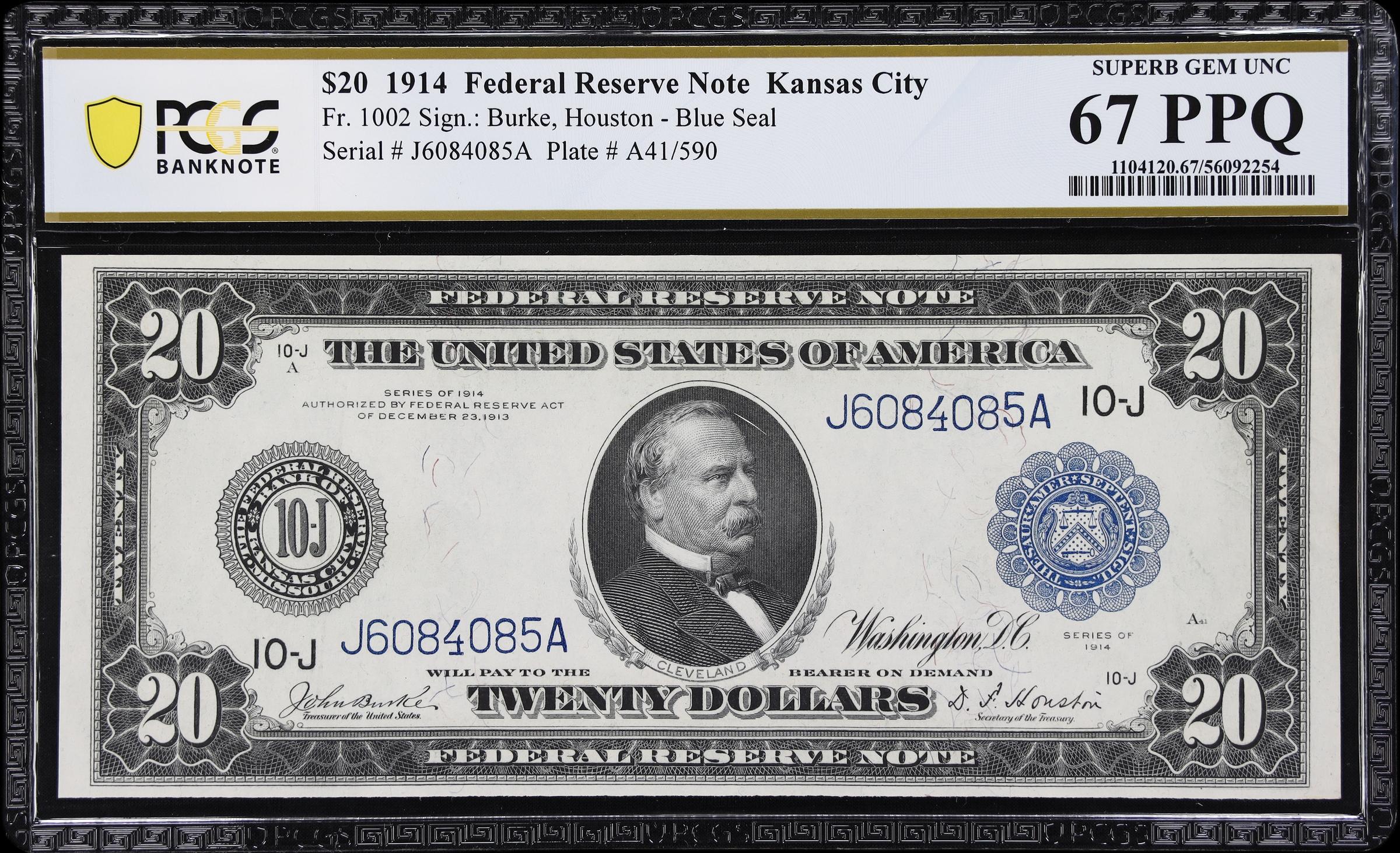 image for: Fr. 1002. 1914 $20 Federal Reserve Note. Kansas City. PCGS Banknote Superb Gem Uncirculated 67 PPQ.