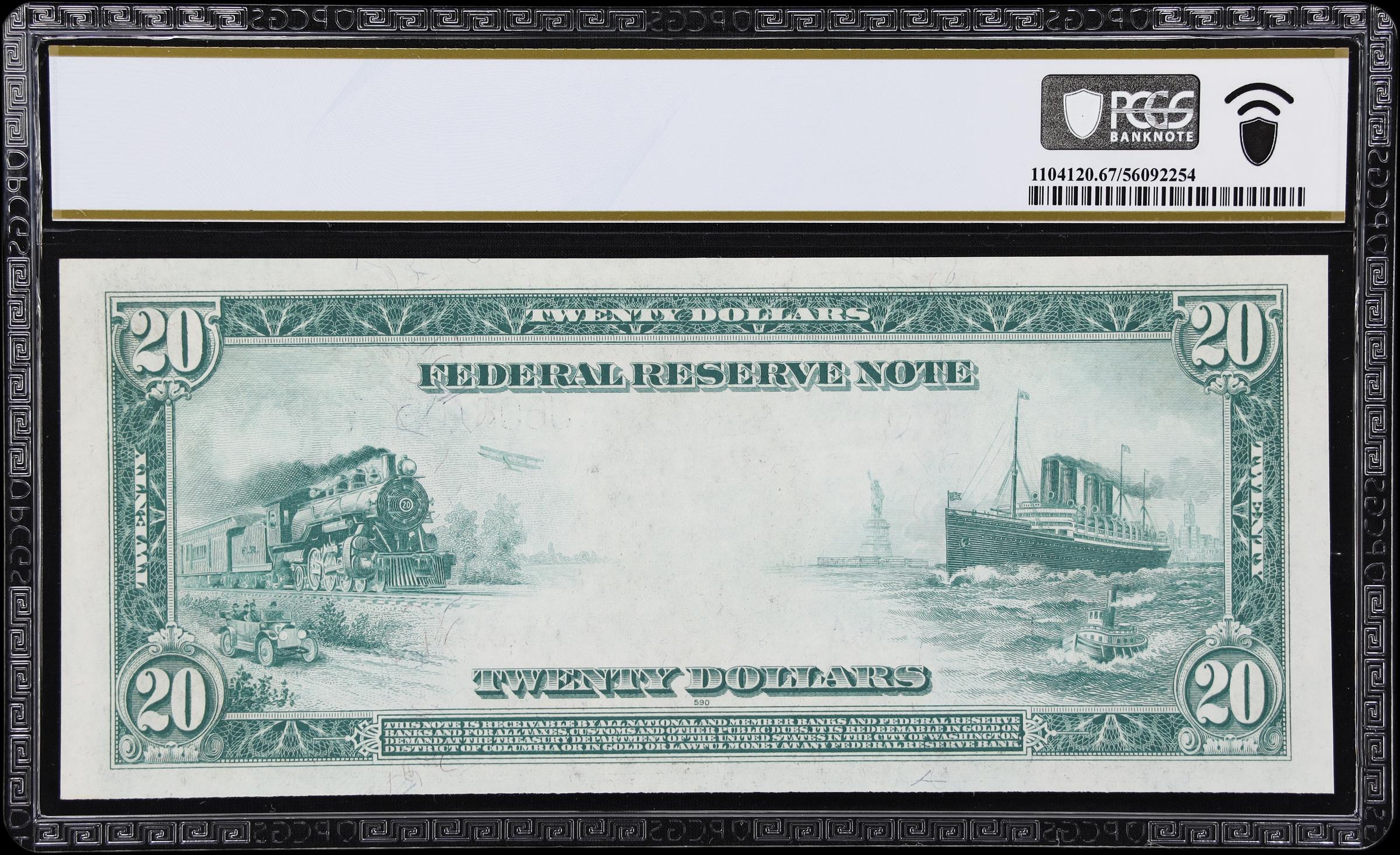 image for: Fr. 1002. 1914 $20 Federal Reserve Note. Kansas City. PCGS Banknote Superb Gem Uncirculated 67 PPQ.