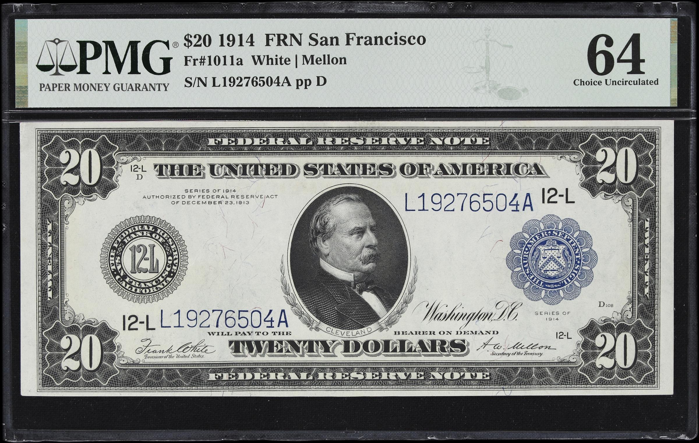 image for: Fr. 1011a. 1914 $20 Federal Reserve Note. San Francisco. PMG Choice Uncirculated 64.