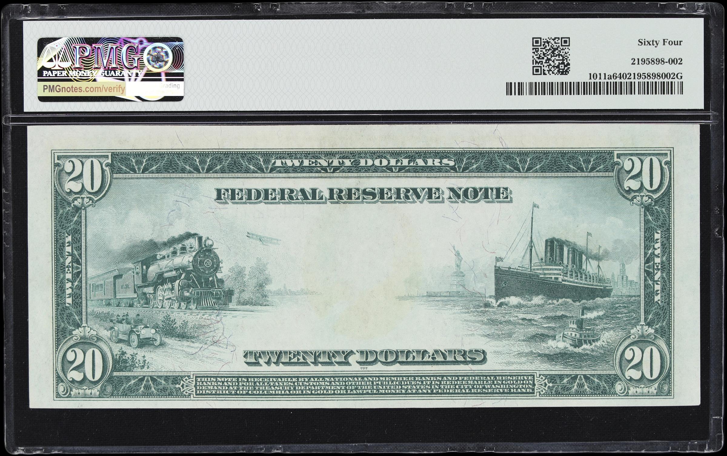 image for: Fr. 1011a. 1914 $20 Federal Reserve Note. San Francisco. PMG Choice Uncirculated 64.