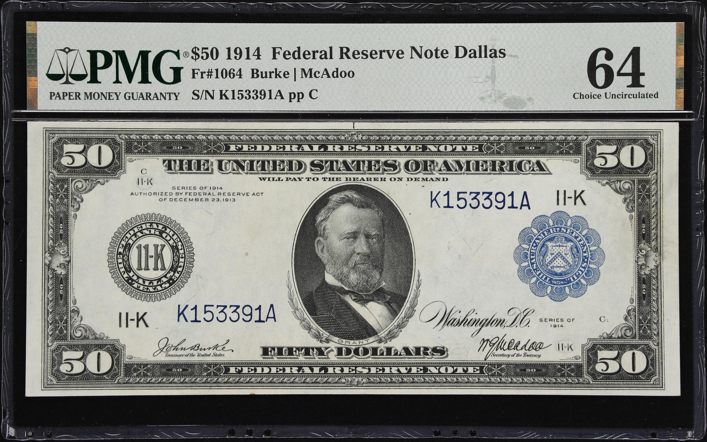 image for: Fr. 1064. 1914 $50 Federal Reserve Note. Dallas. PMG Choice Uncirculated 64.