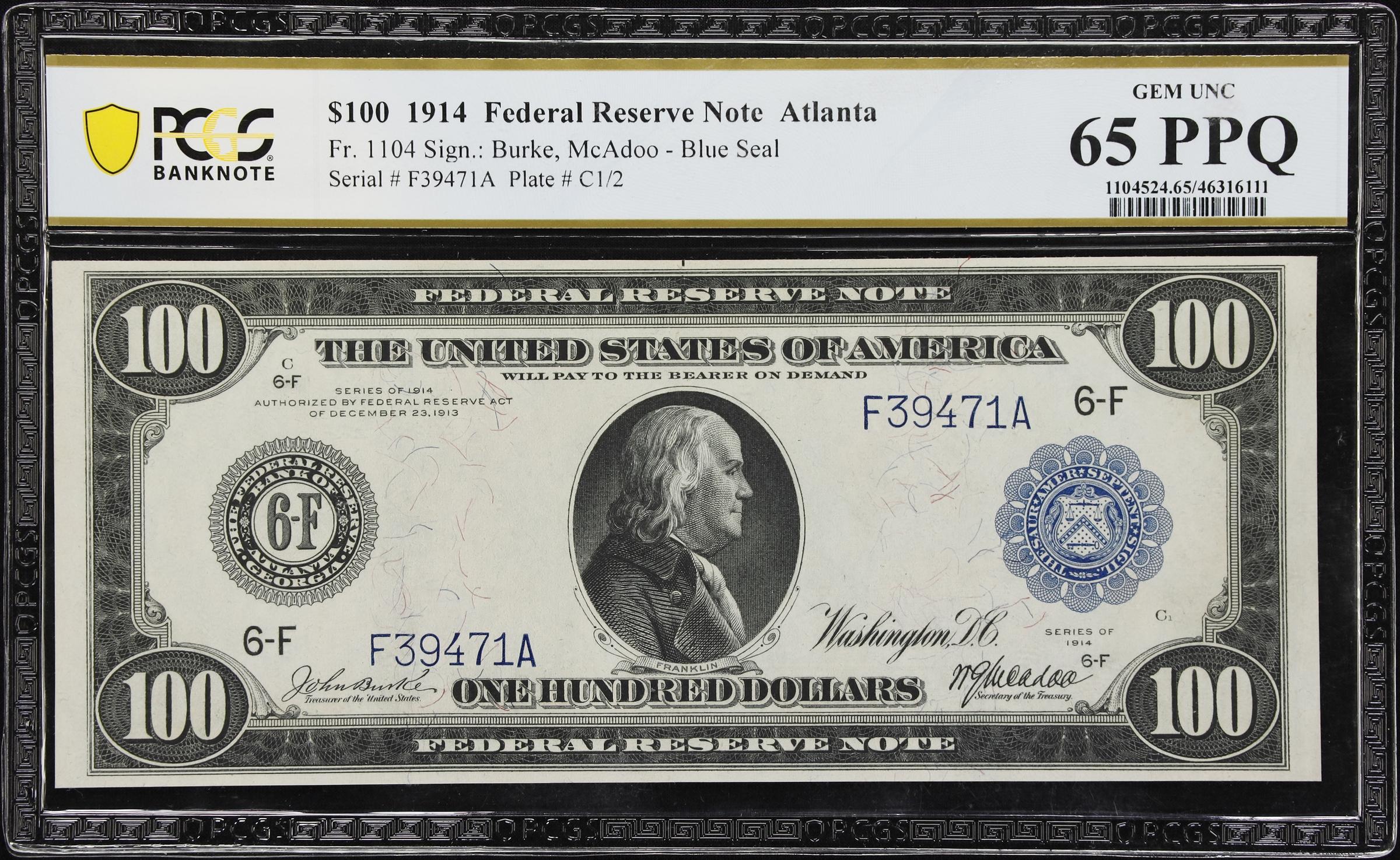 image for: Fr. 1104. 1914 $100 Federal Reserve Note. Atlanta. PCGS Banknote Gem Uncirculated 65 PPQ.