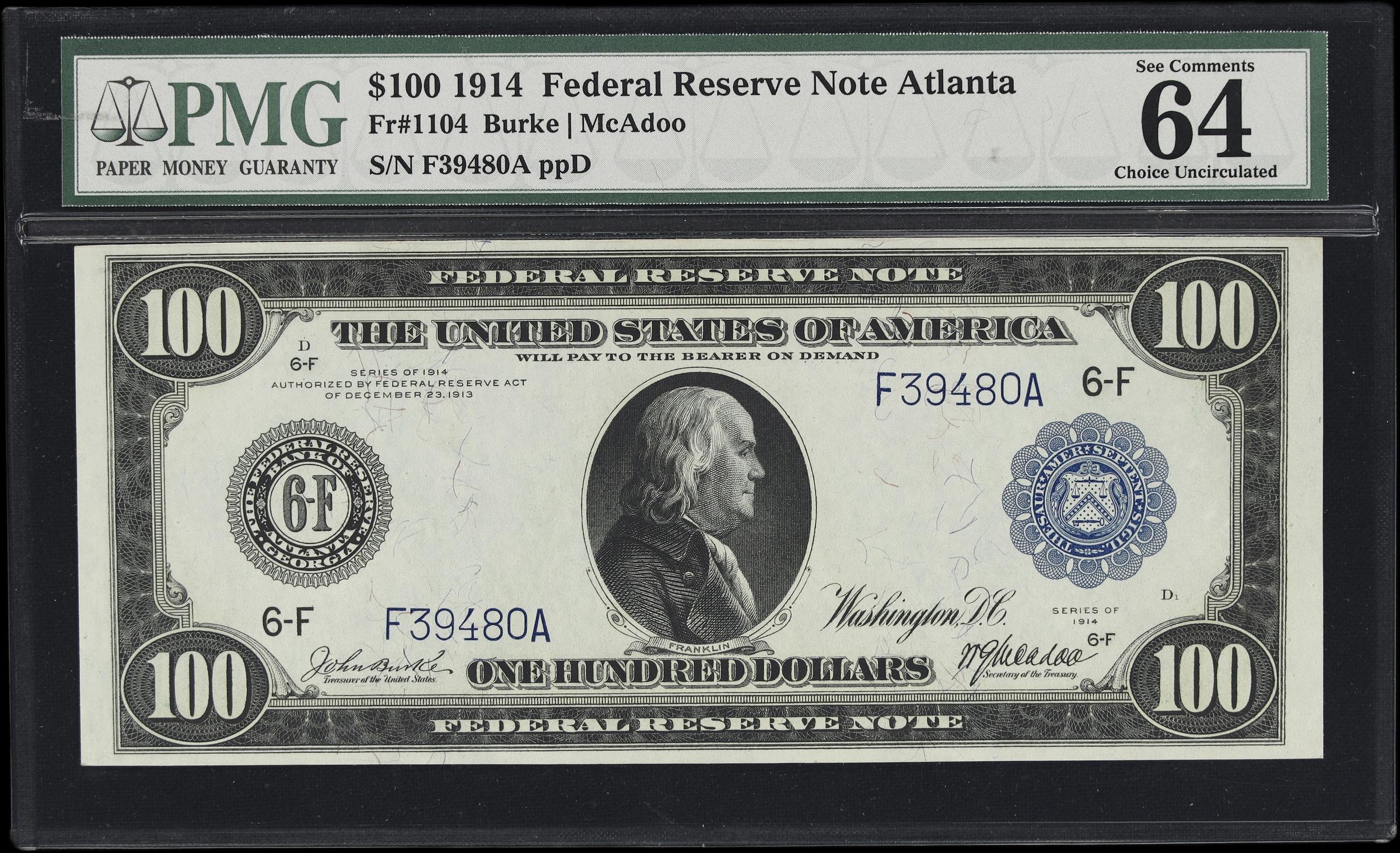 image for: Fr. 1104. 1914 $100 Federal Reserve Note. Atlanta. PMG Choice Uncirculated 64.