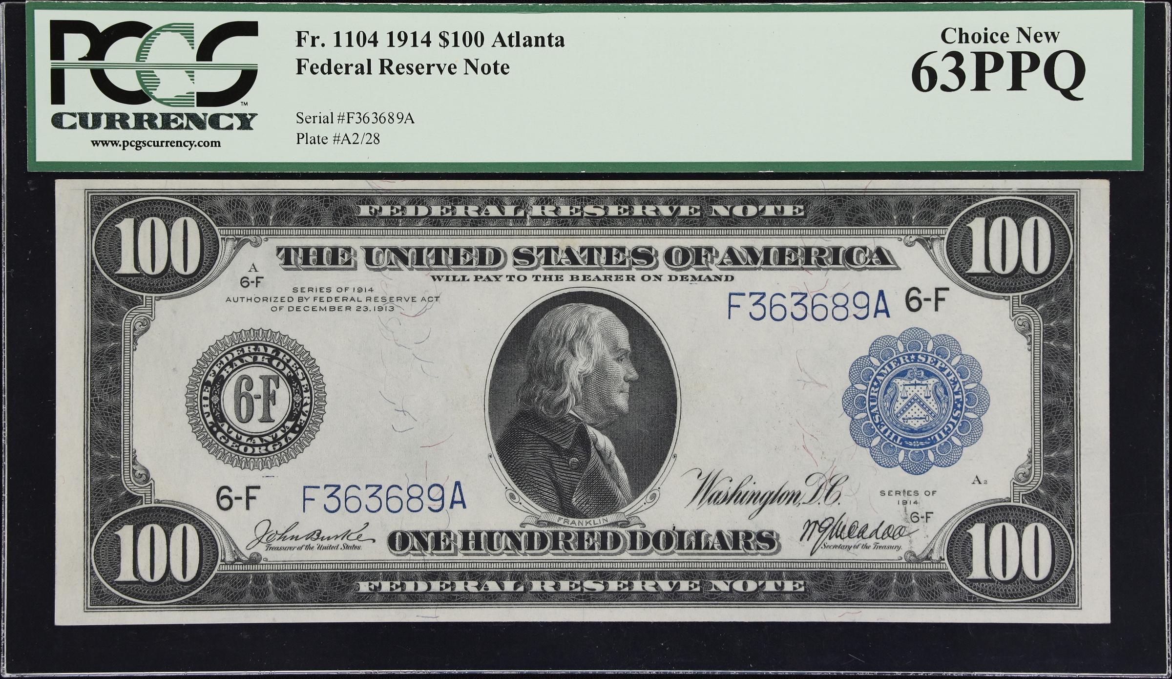 image for: Fr. 1104. 1914 $100 Federal Reserve Note. Atlanta. PCGS Currency Choice New 63 PPQ.