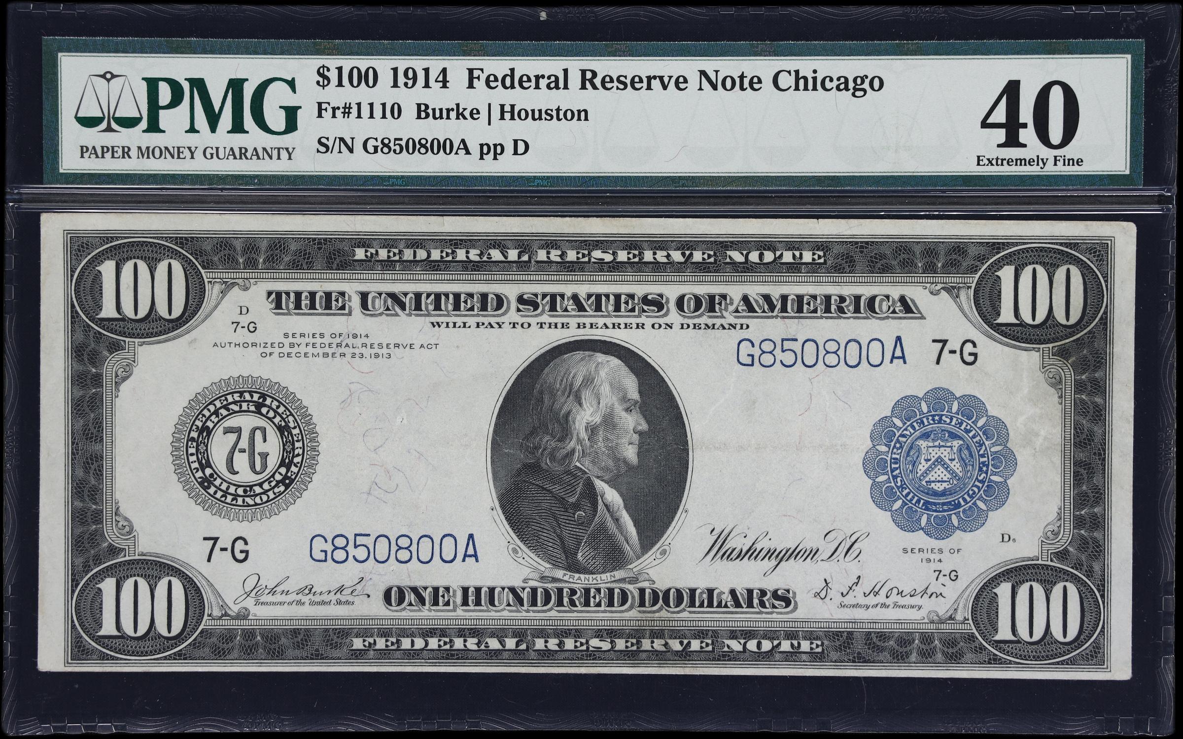 image for: Fr. 1110. 1914 $100 Federal Reserve Note. Chicago. PMG Extremely Fine 40.