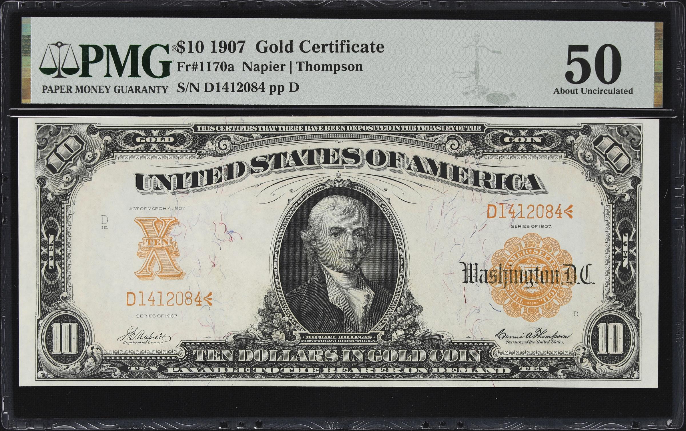 image for: Fr. 1170a. 1907 $10 Gold Certificate. PMG About Uncirculated 50.