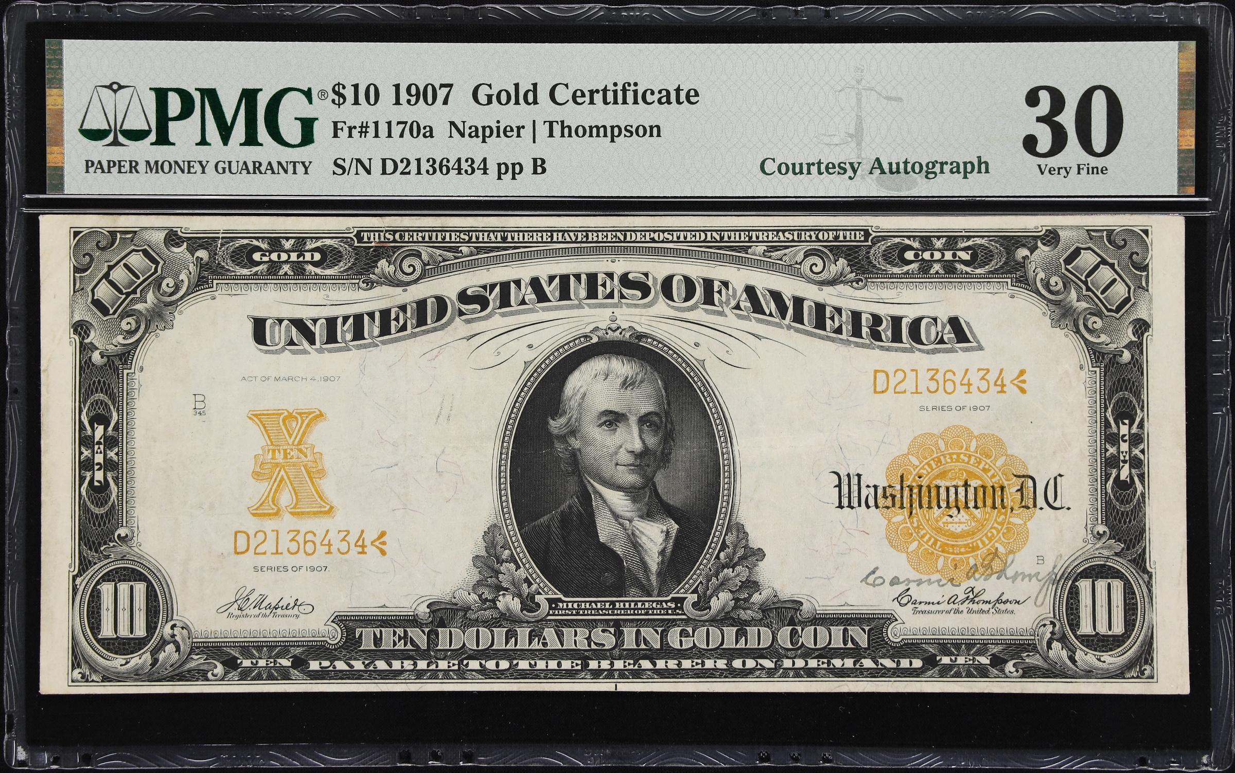 image for: Fr. 1170a. 1907 $10 Gold Certificate. PMG Very Fine 30. Letter Included.
