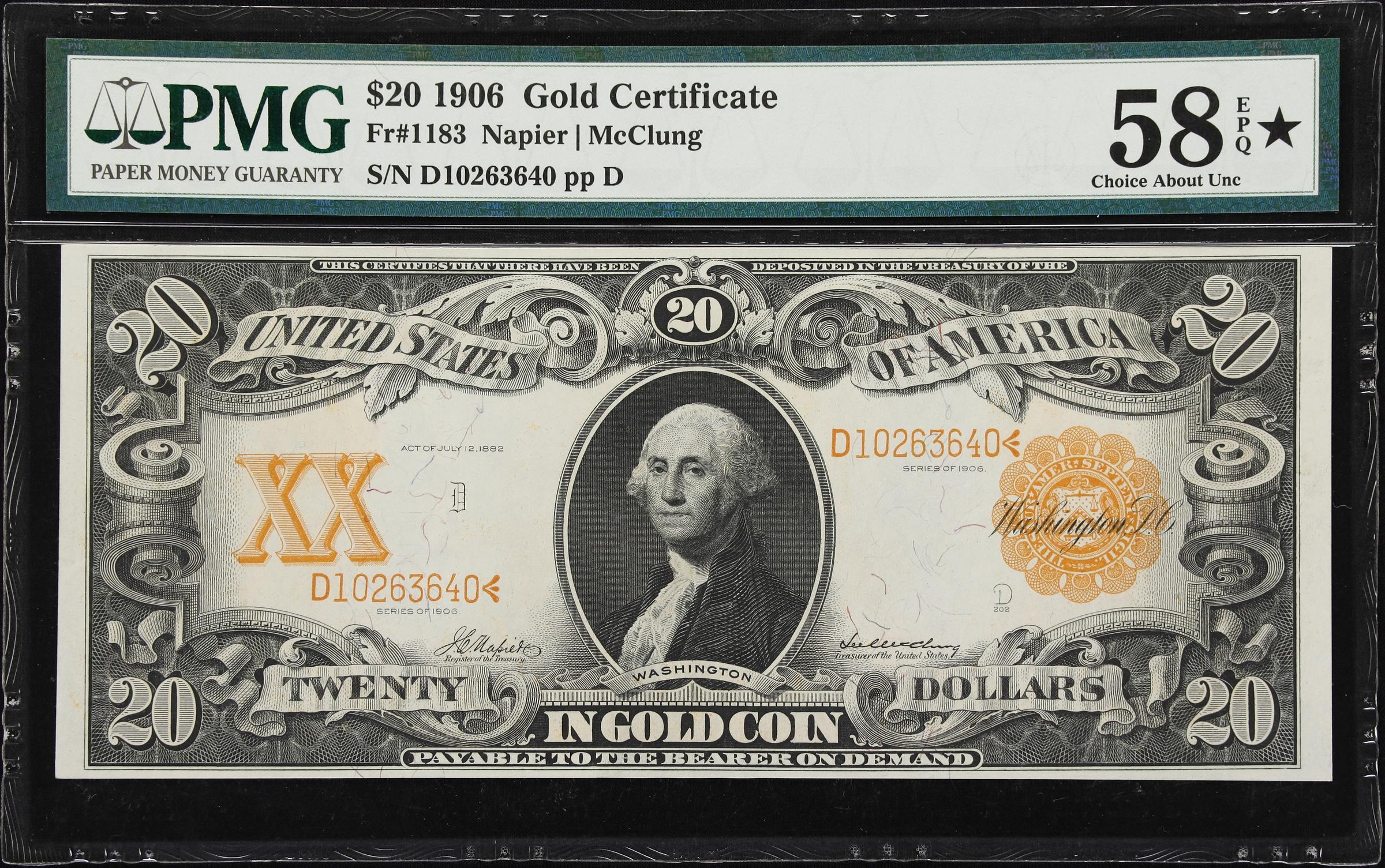 image for: Fr. 1183. 1906 $20 Gold Certificate. PMG Choice About Uncirculated 58 EPQ*.