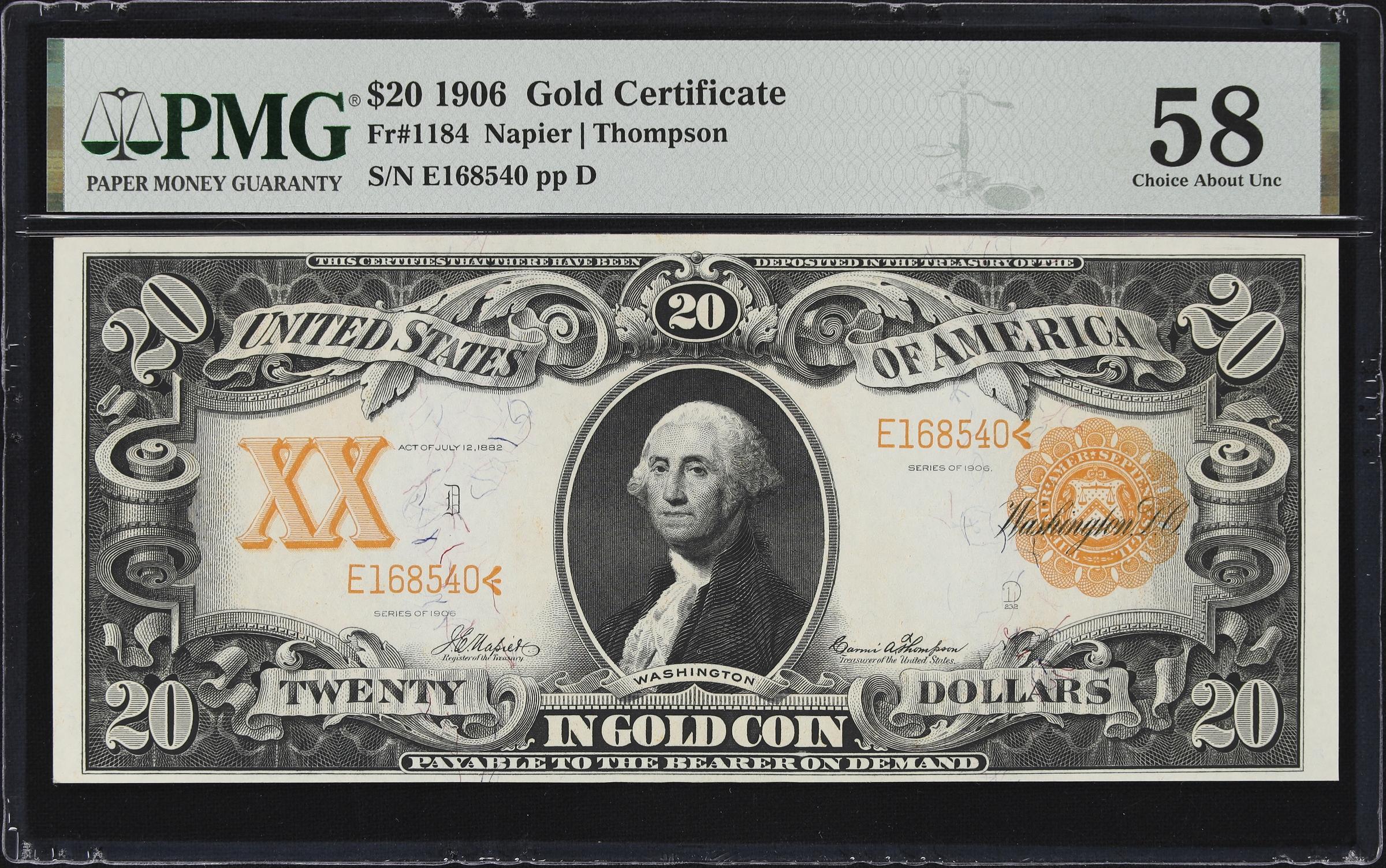 image for: Fr. 1184. 1906 $20 Gold Certificate. PMG Choice About Uncirculated 58.