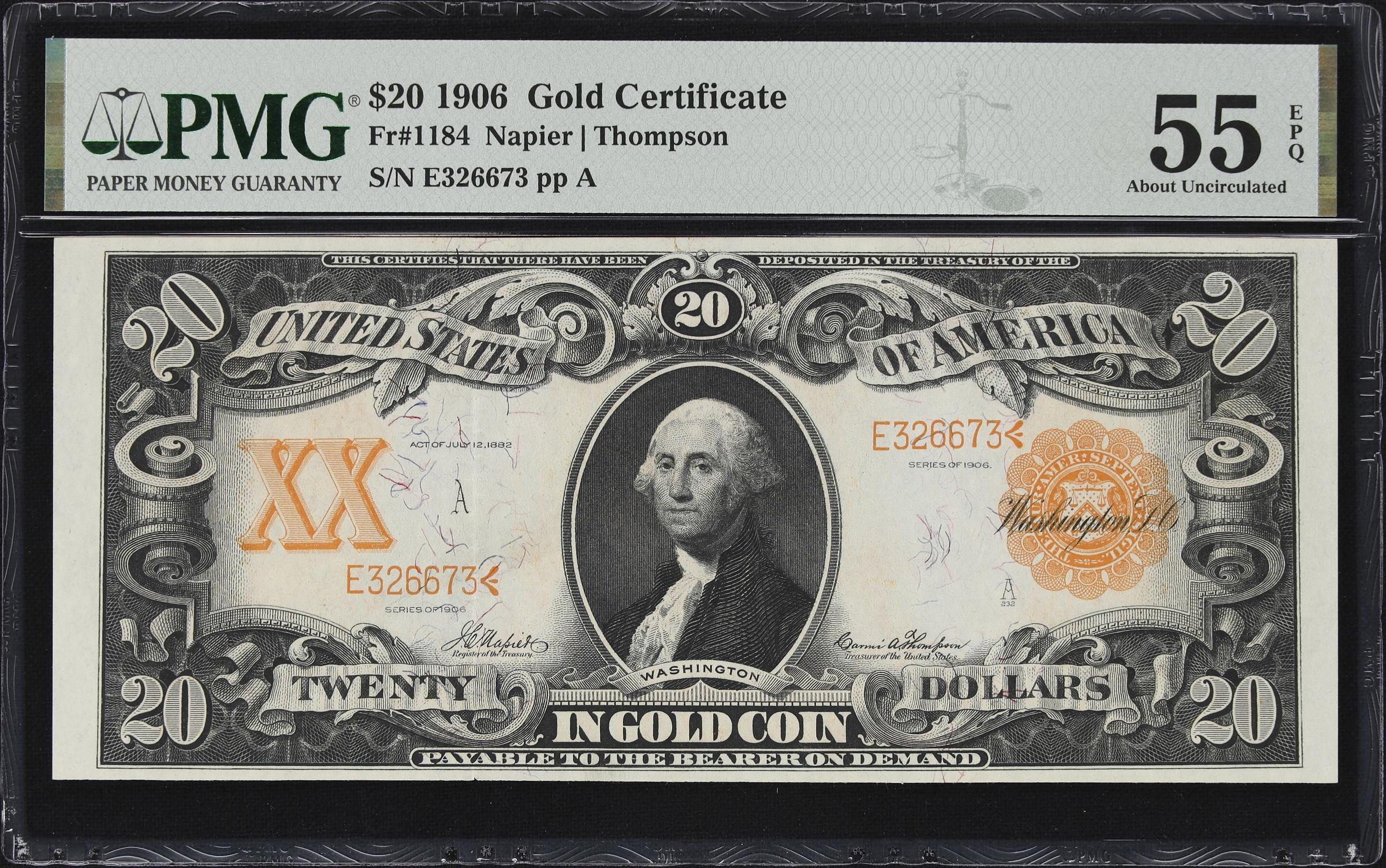 image for: Fr. 1184. 1906 $20 Gold Certificate. PMG About Uncirculated 55 EPQ.