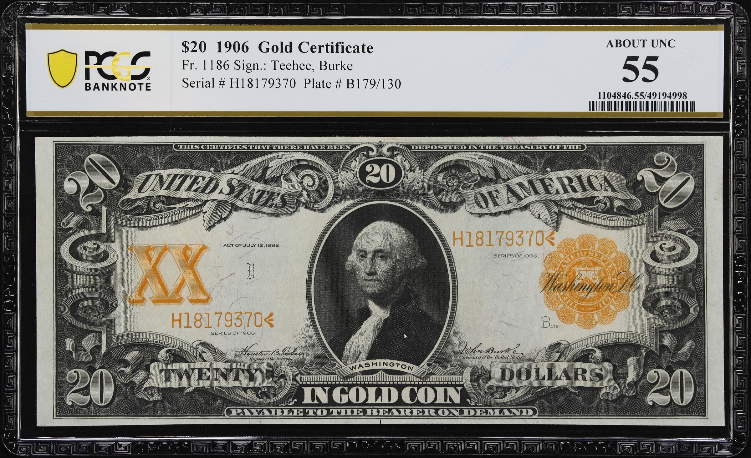 image for: Fr. 1186. 1906 $20 Gold Certificate. PCGS Banknote About Uncirculated 55.